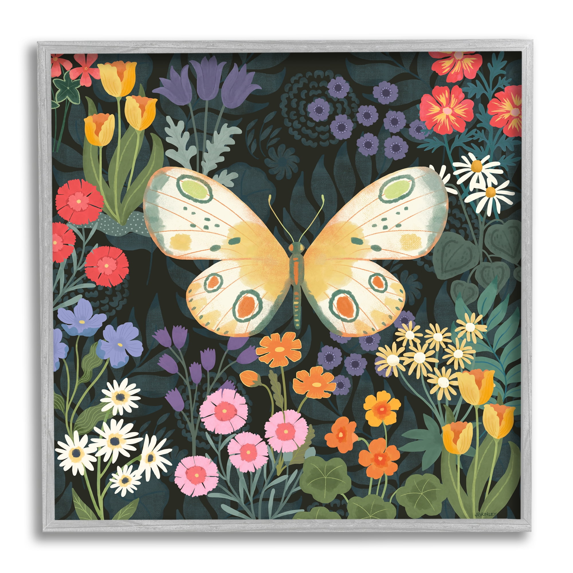 Stupell Industries Garden Pattern & Butterfly Botanical & Floral Painting Gray Framed Art Print Wall Art, 17 x 17