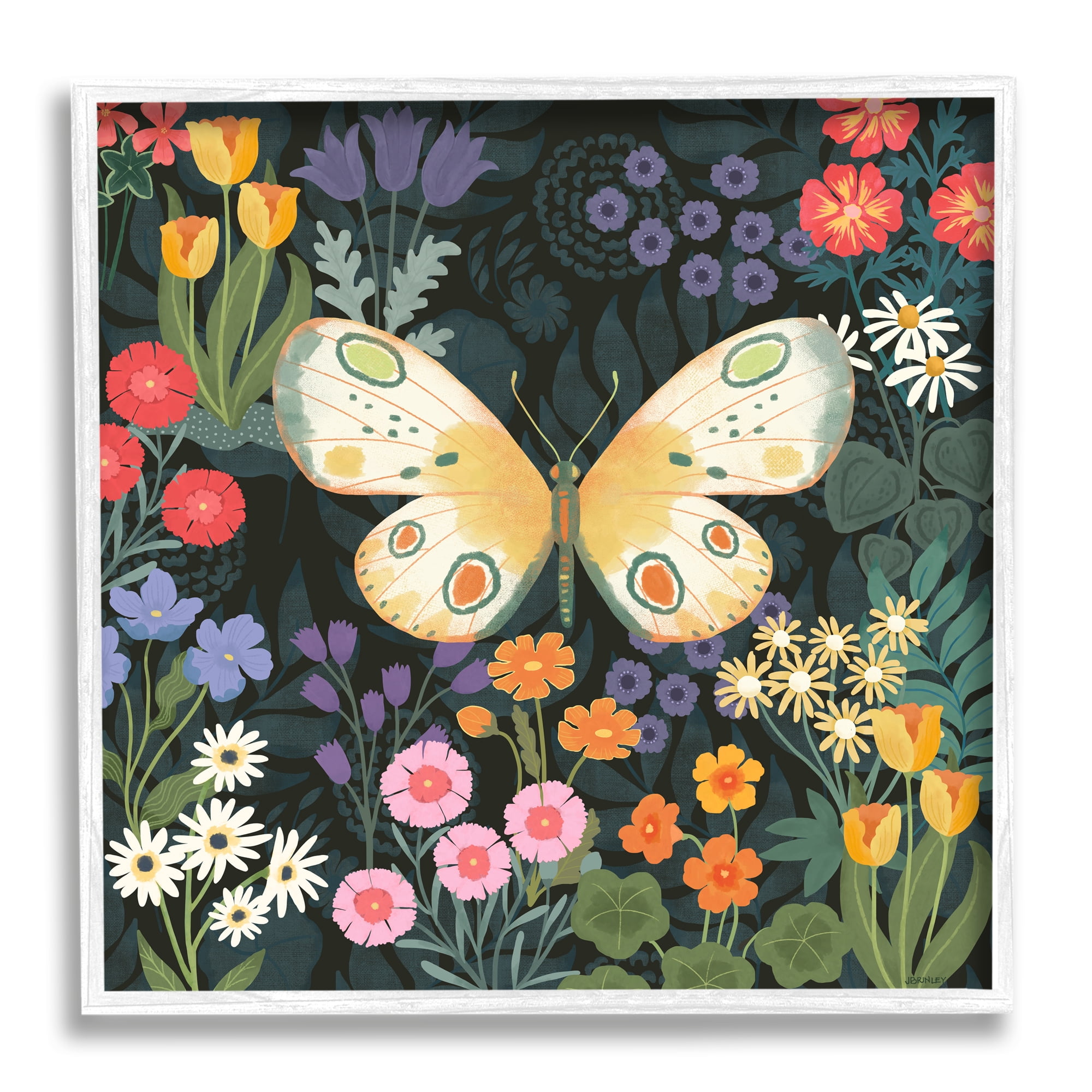 Stupell Industries Garden Pattern & Butterfly Botanical & Floral Painting White Framed Art Print Wall Art, 24 x 24