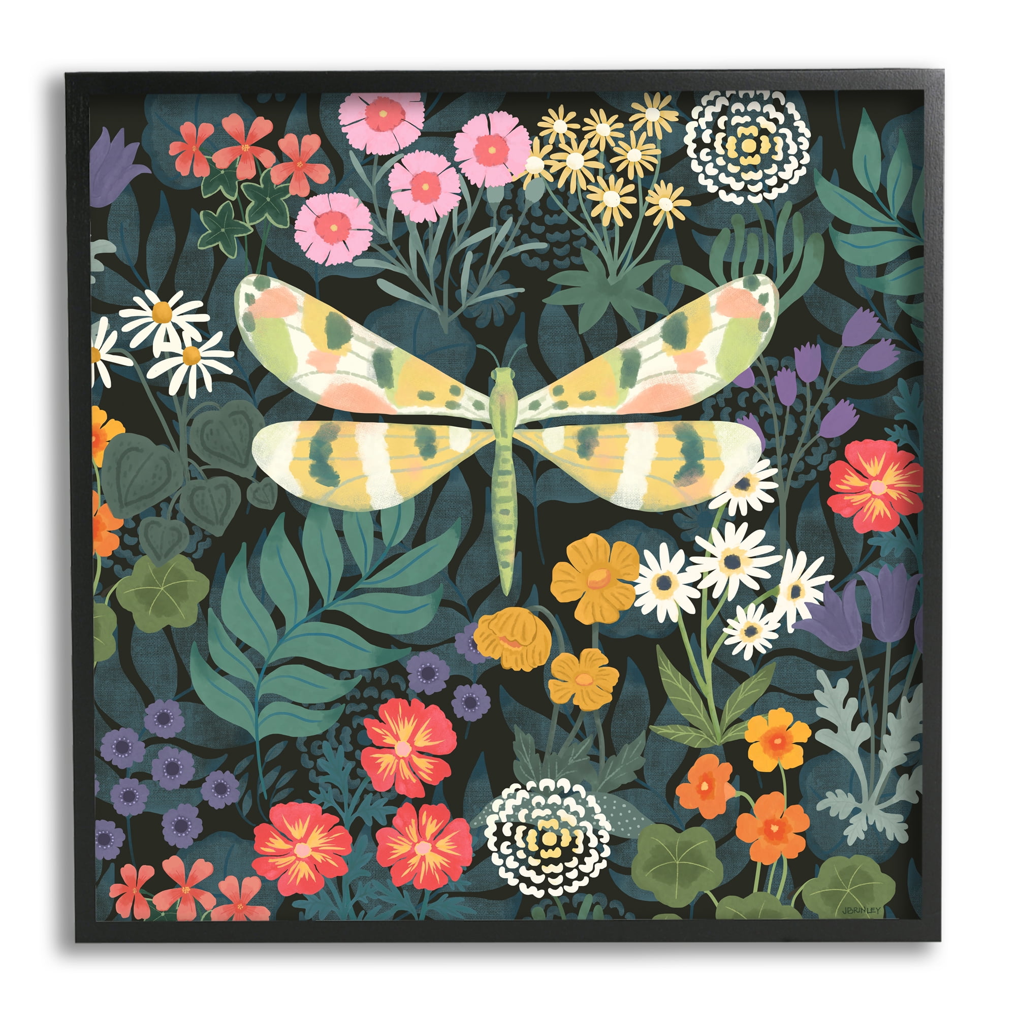 Stupell Industries Garden Pattern & Dragonfly Botanical & Floral Painting Black Framed Art Print Wall Art, 24 x 24