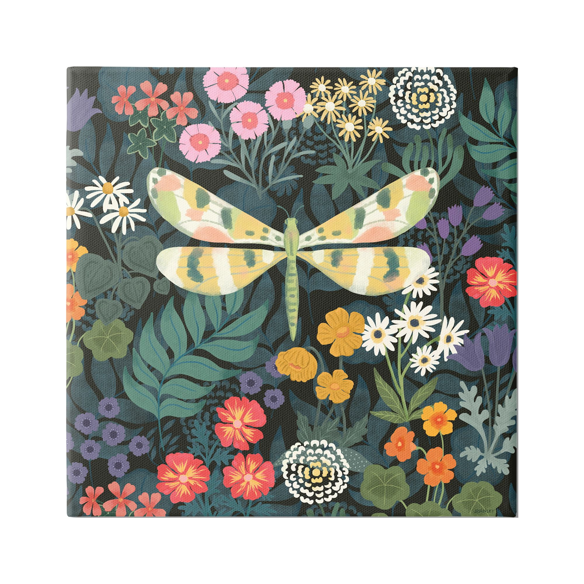 Stupell Industries Garden Pattern & Dragonfly Botanical & Floral Painting Gallery Wrapped Canvas Art Print Wall Art, 36 x 36
