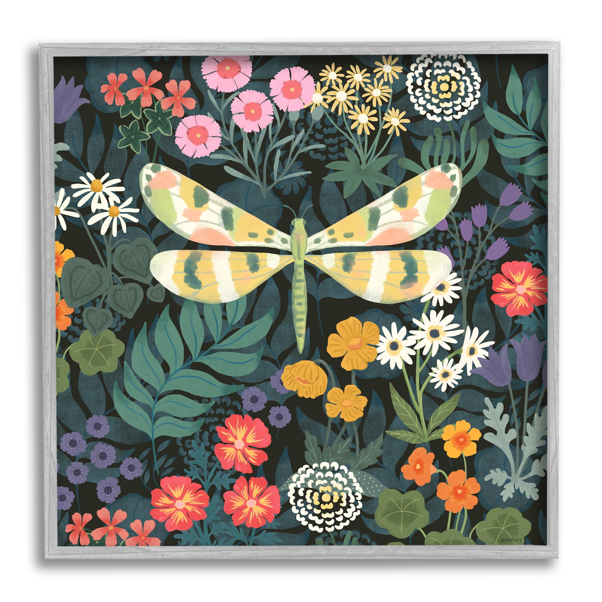 Stupell Industries Garden Pattern & Dragonfly Botanical & Floral Painting Gray Framed Art Print Wall Art, 12 x 12
