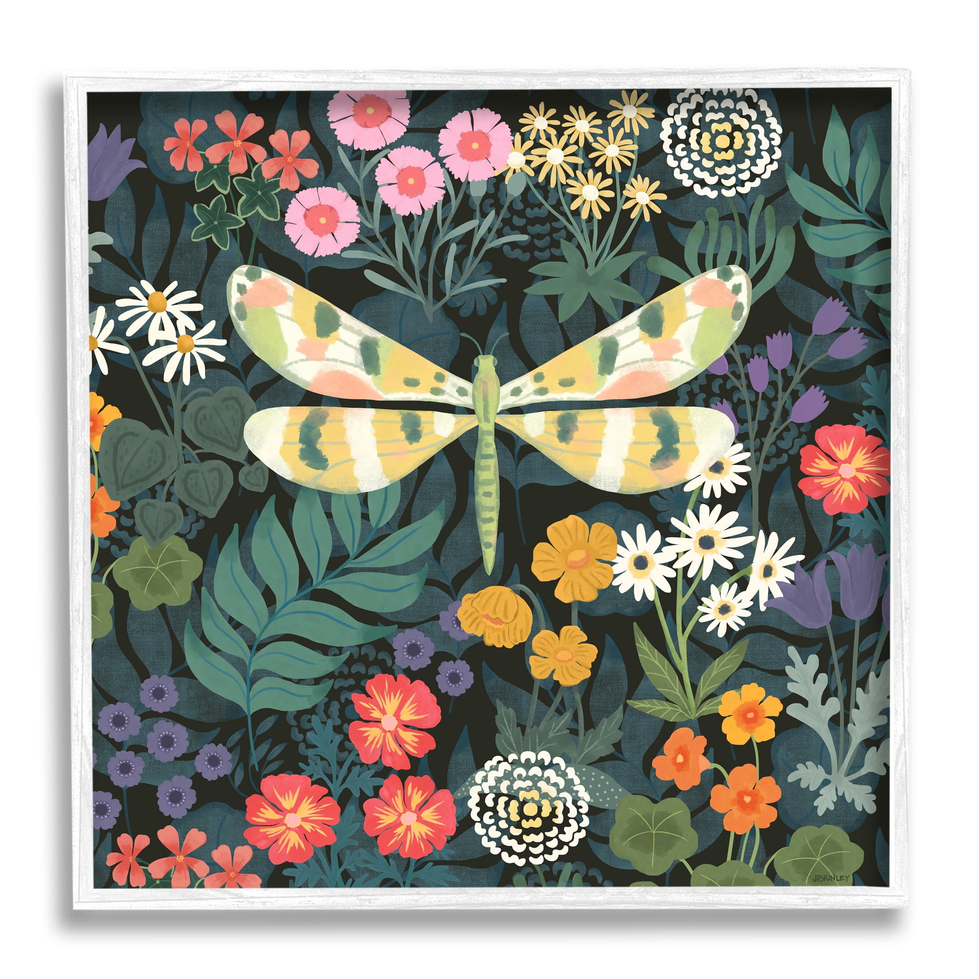 Stupell Industries Garden Pattern & Dragonfly Botanical & Floral Painting White Framed Art Print Wall Art, 12 x 12