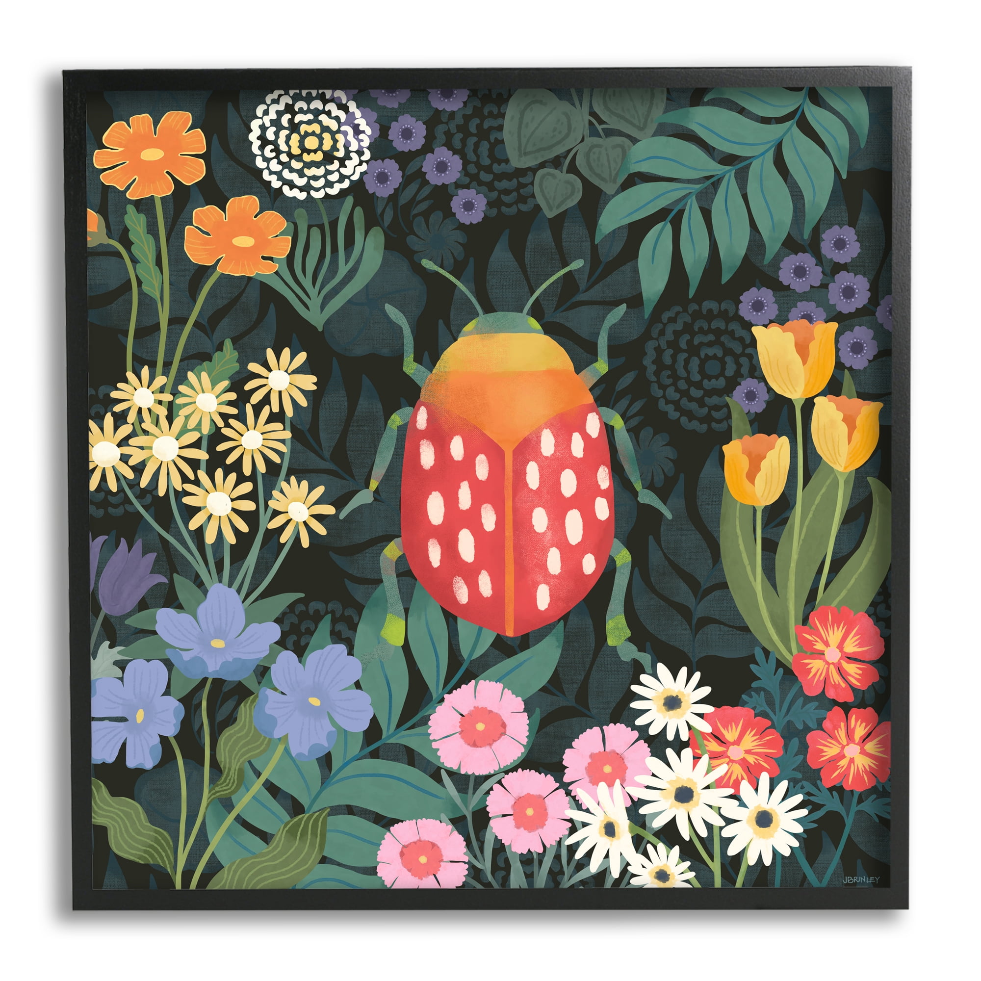 Stupell Industries Garden Patterned Beetle Botanical & Floral Painting Black Framed Art Print Wall Art, 17 x 17