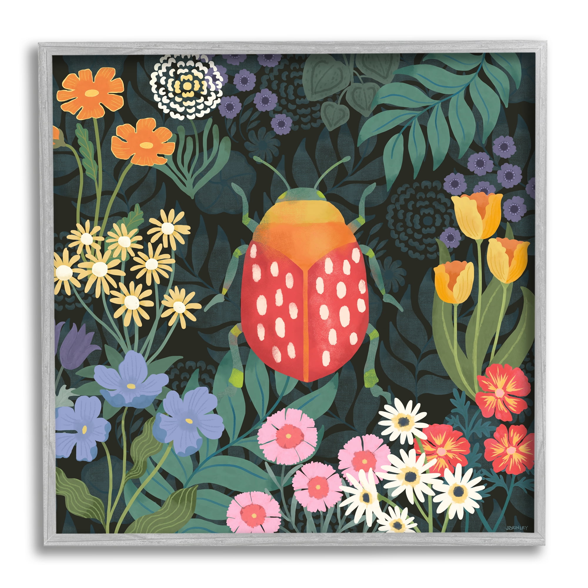 Stupell Industries Garden Patterned Beetle Botanical & Floral Painting Gray Framed Art Print Wall Art, 12 x 12