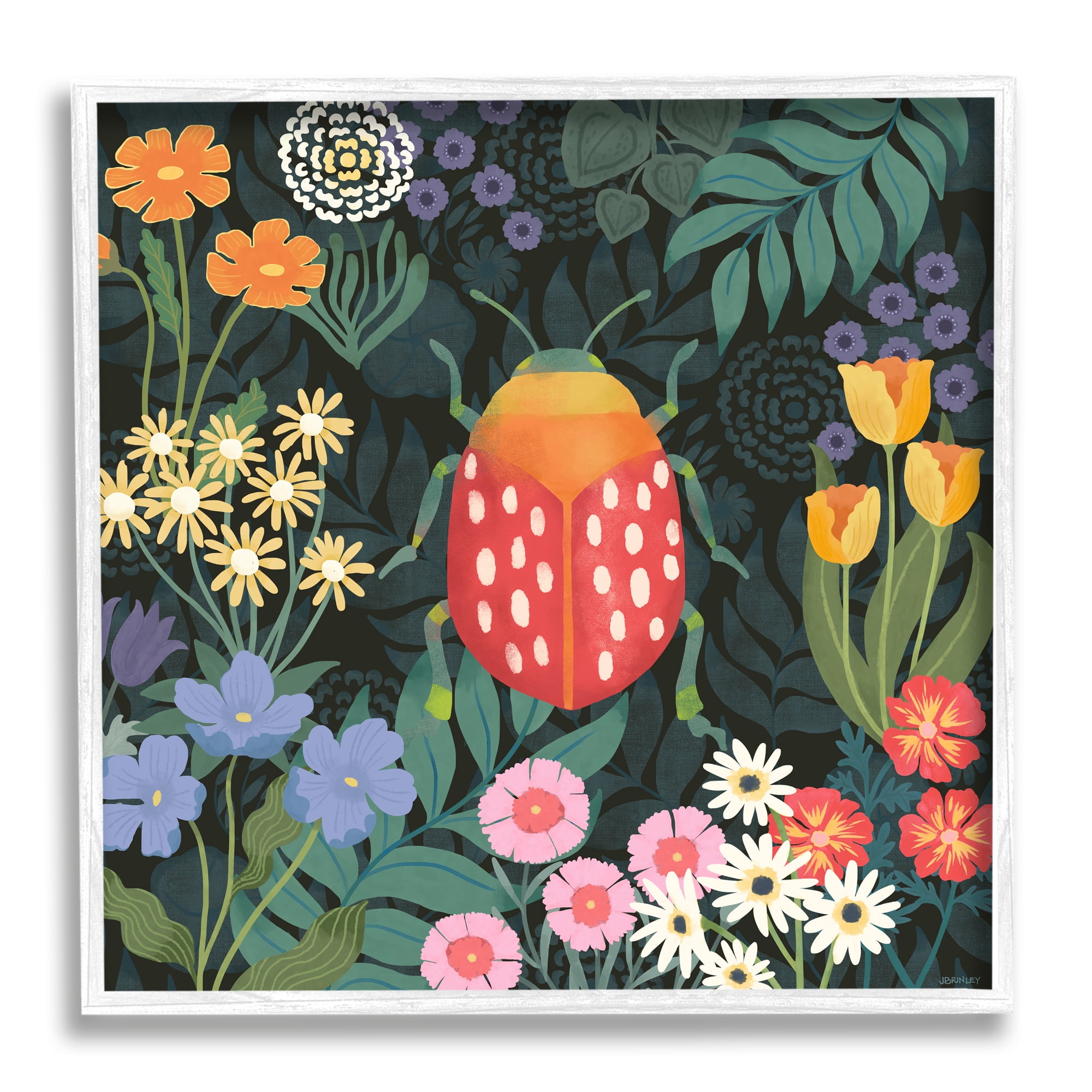 Stupell Industries Garden Patterned Beetle Botanical & Floral Painting White Framed Art Print Wall Art, 24 x 24