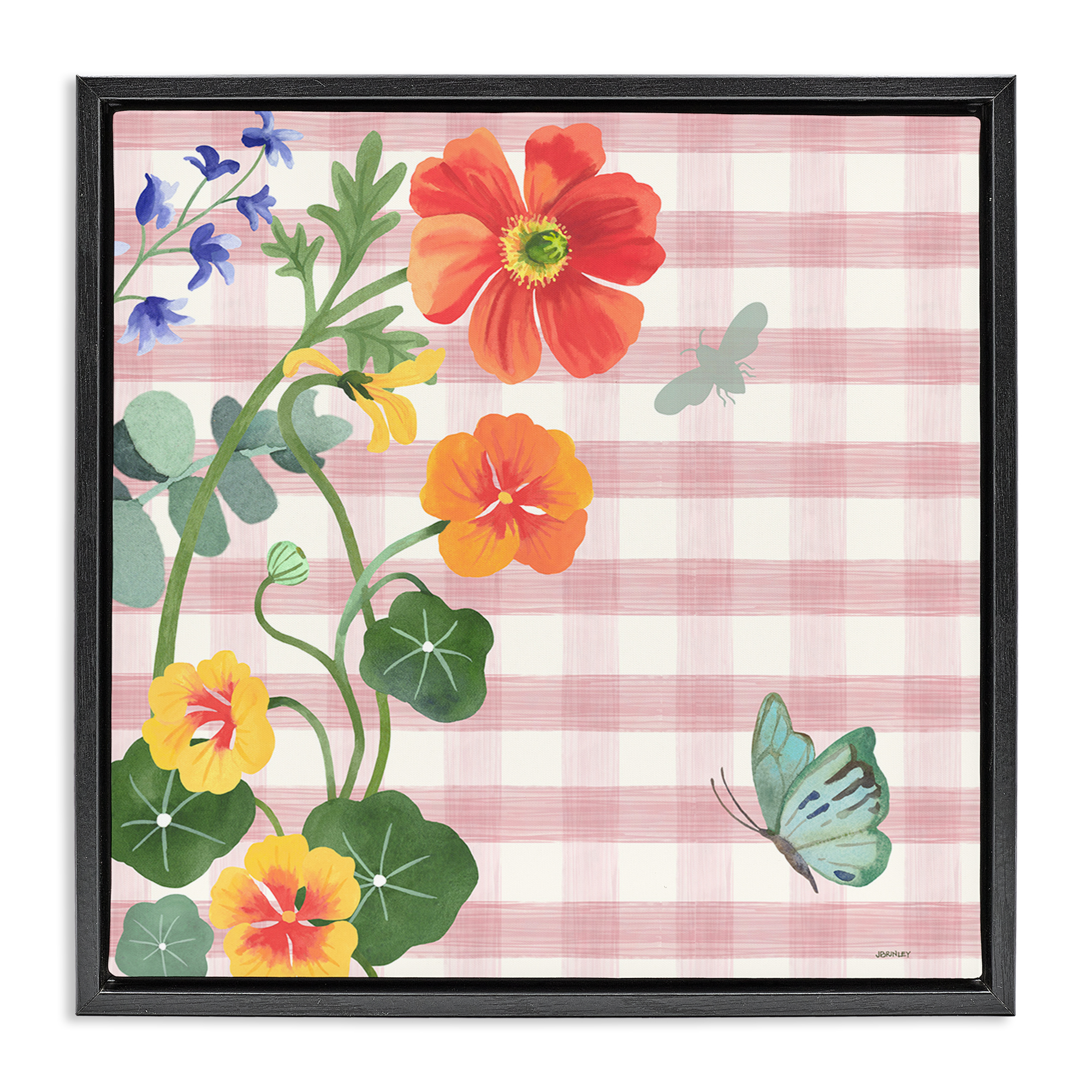 Stupell Industries Garden Poppies on Gingham Botanical & Floral Painting Black Floater Framed Canvas Art Print Wall Art, 25 x 25