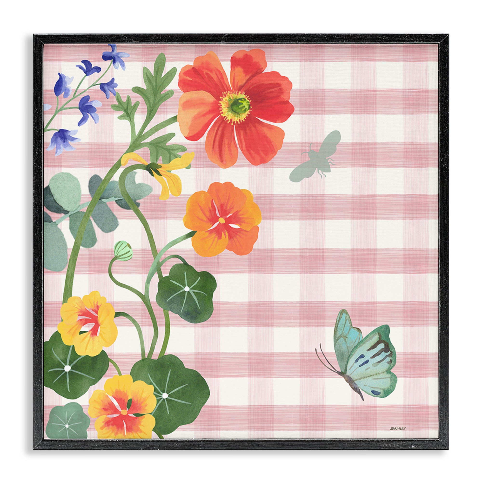 Stupell Industries Garden Poppies on Gingham Botanical & Floral Painting Black Framed Art Print Wall Art, 12 x 12