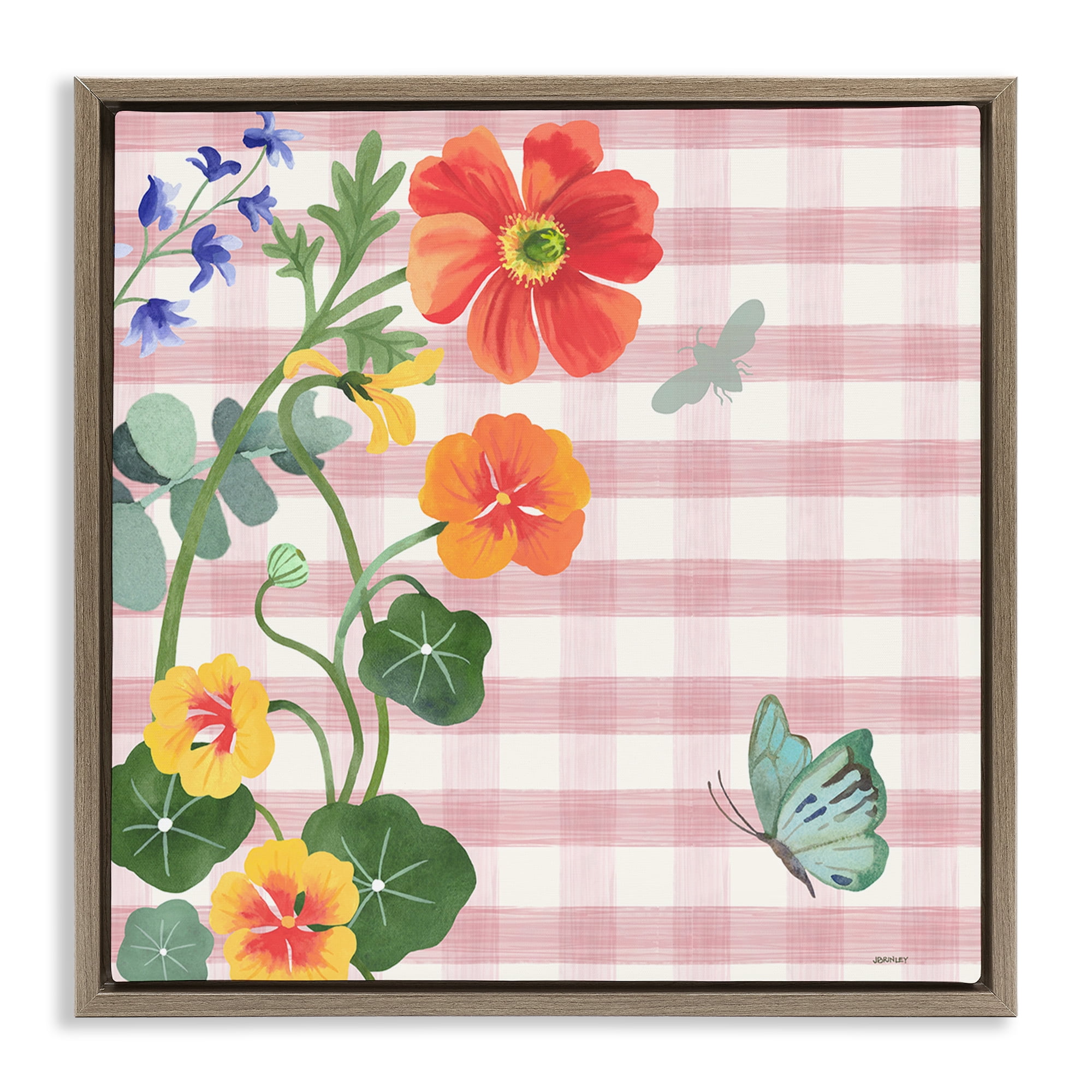 Stupell Industries Garden Poppies on Gingham Botanical & Floral Painting Brown Floater Framed Canvas Art Print Wall Art, 18 x 18