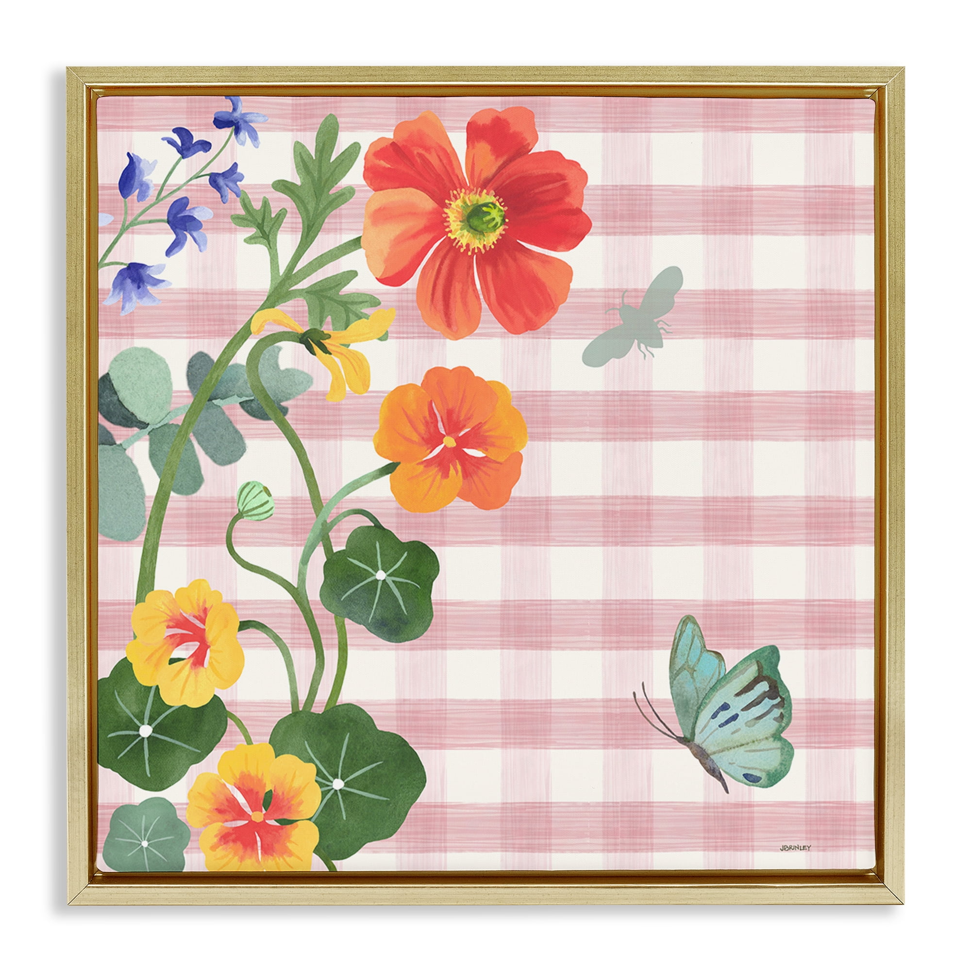 Stupell Industries Garden Poppies on Gingham Botanical & Floral Painting Gold Floater Framed Canvas Art Print Wall Art, 18 x 18