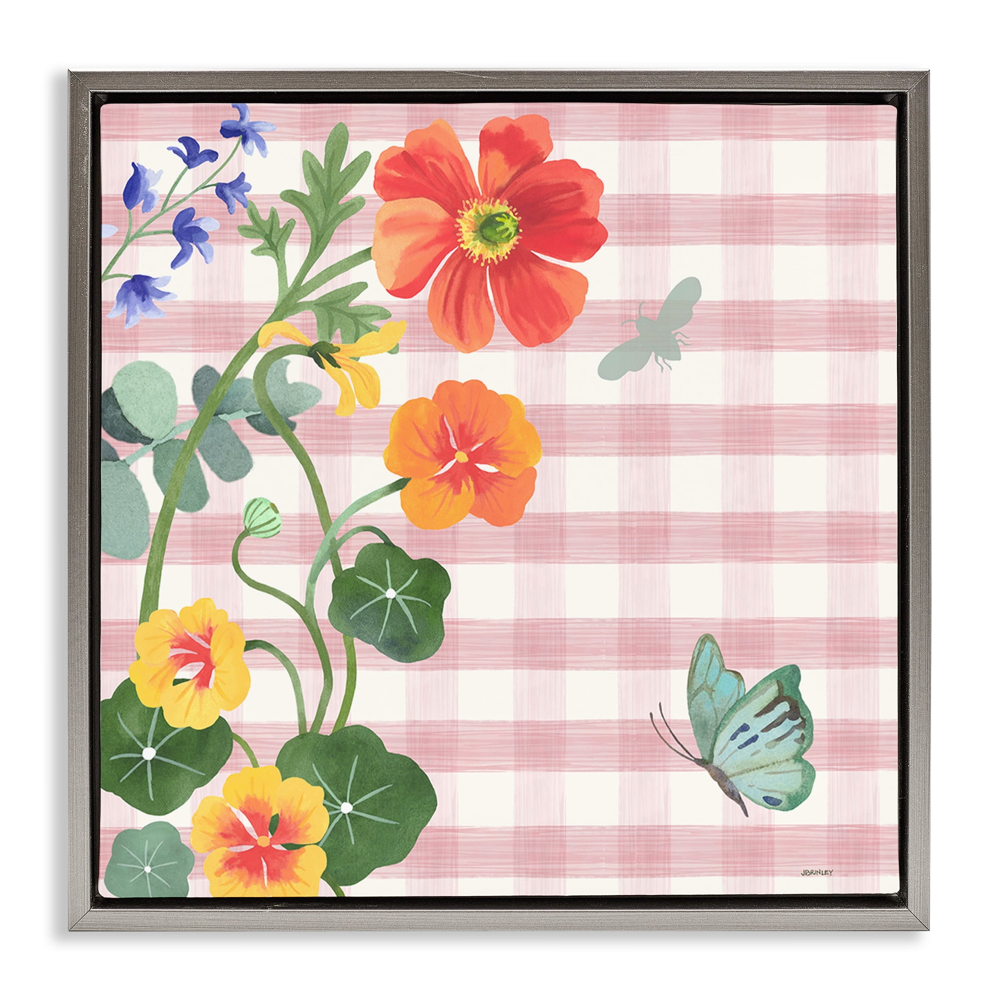 Stupell Industries Garden Poppies on Gingham Botanical & Floral Painting Gray Floater Framed Canvas Art Print Wall Art, 18 x 18