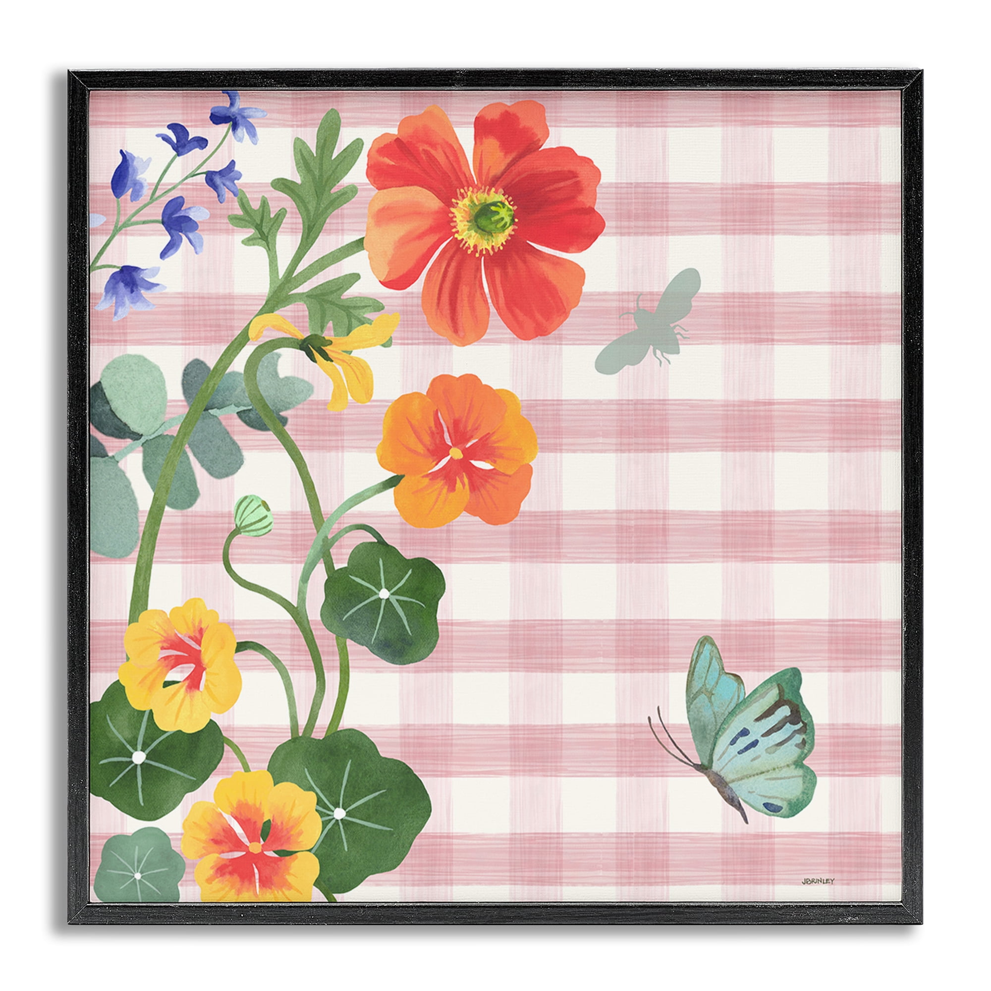 Stupell Industries Garden Poppies on Gingham Botanical & Floral Painting Gray Framed Art Print Wall Art, 17 x 17