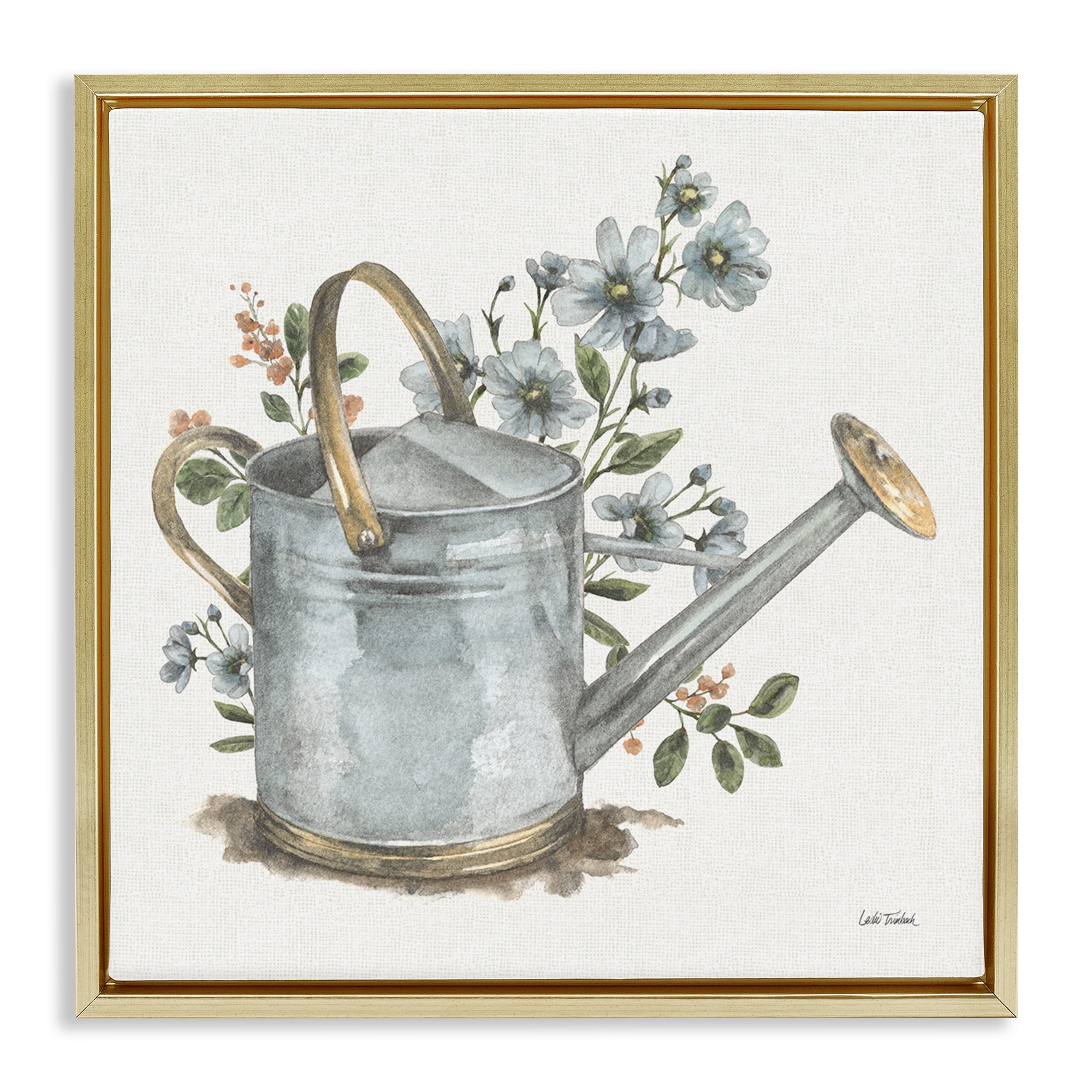 Stupell Industries Garden Watering Can Botanical & Floral Painting Gold Floater Framed Canvas Art Print Wall Art, 18 x 18