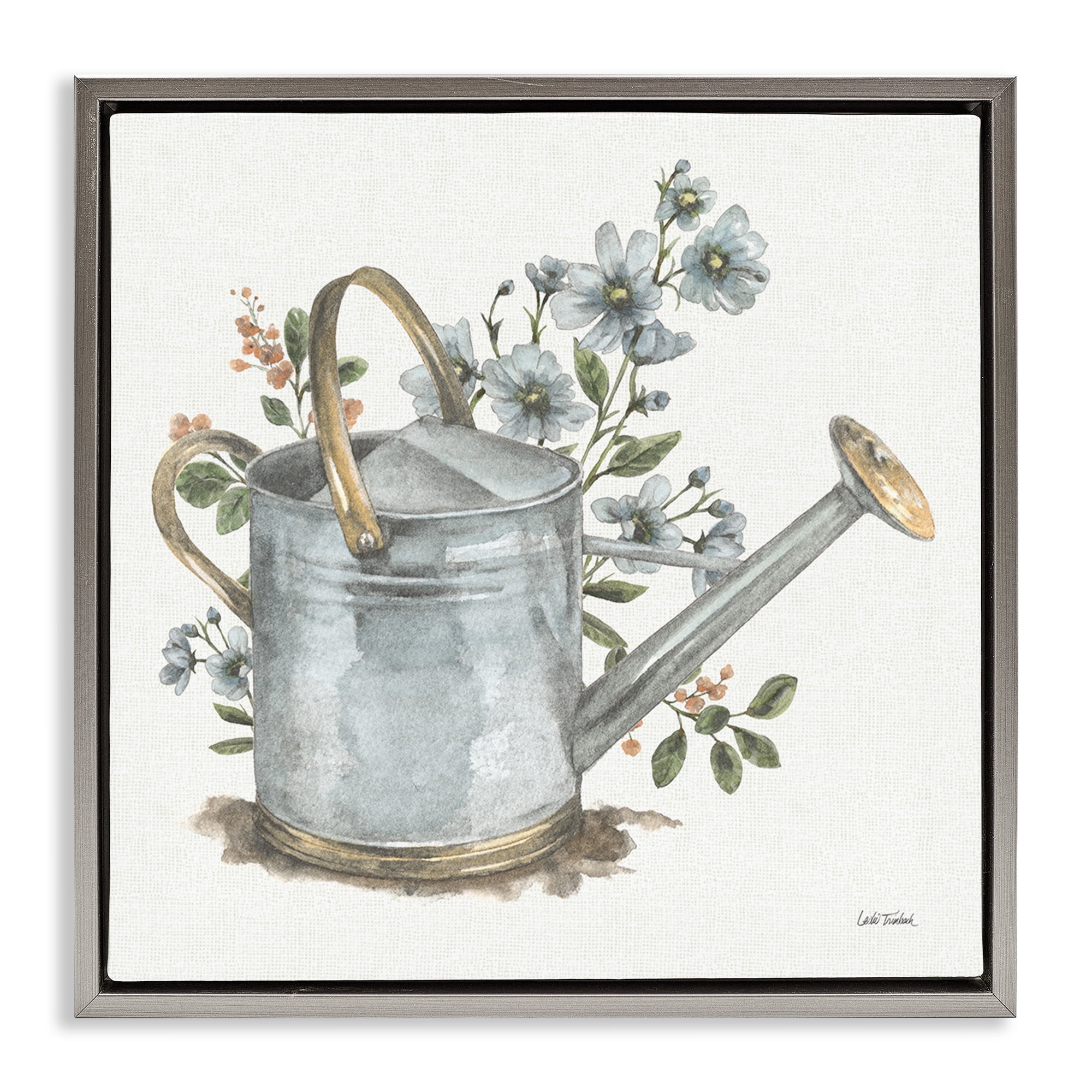 Stupell Industries Garden Watering Can Botanical & Floral Painting Gray Floater Framed Canvas Art Print Wall Art, 18 x 18