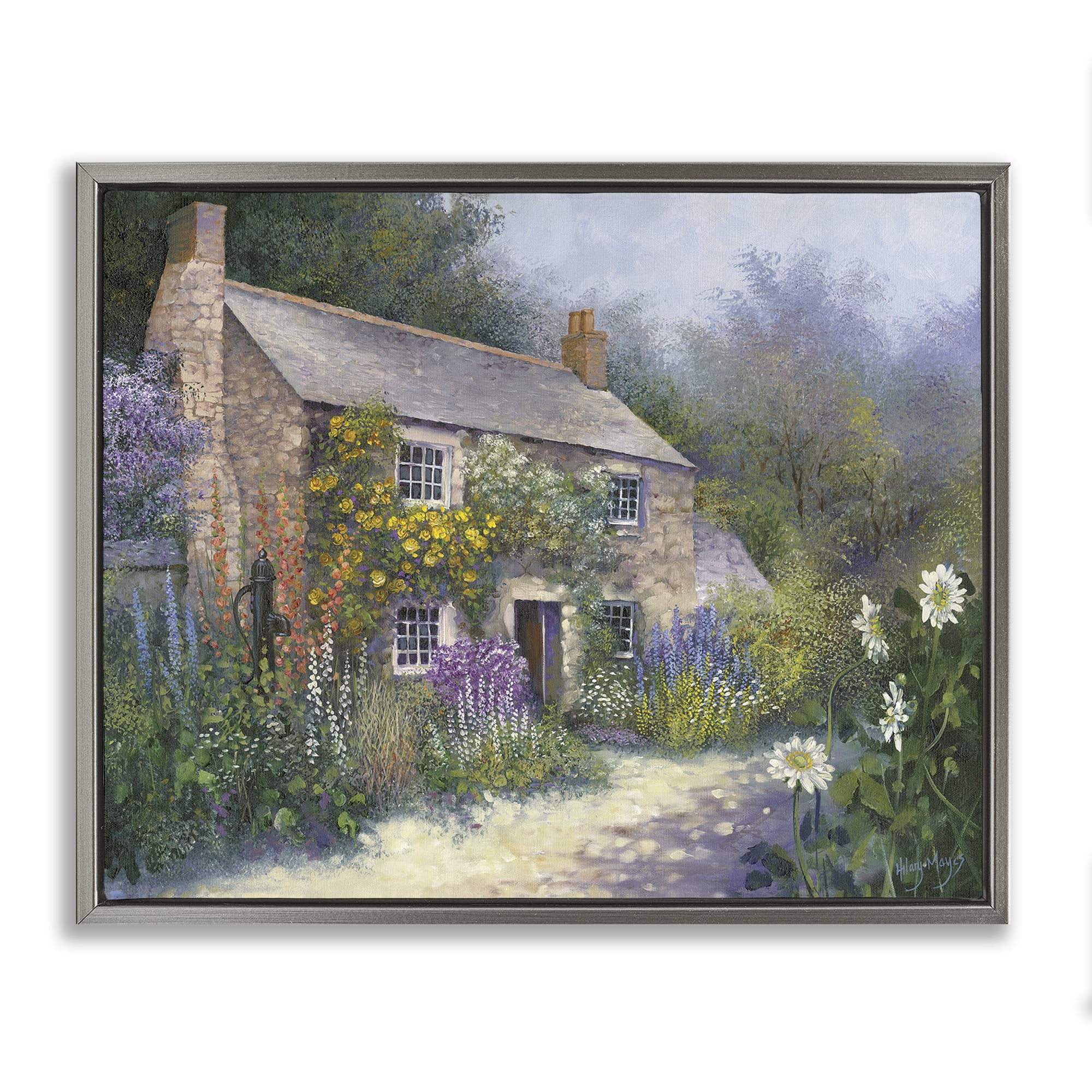 Stupell Industries Gardener's Cottage View Buildings & Architecture Painting Gray Floater Framed Canvas Art Print Wall Art, 31 x 25