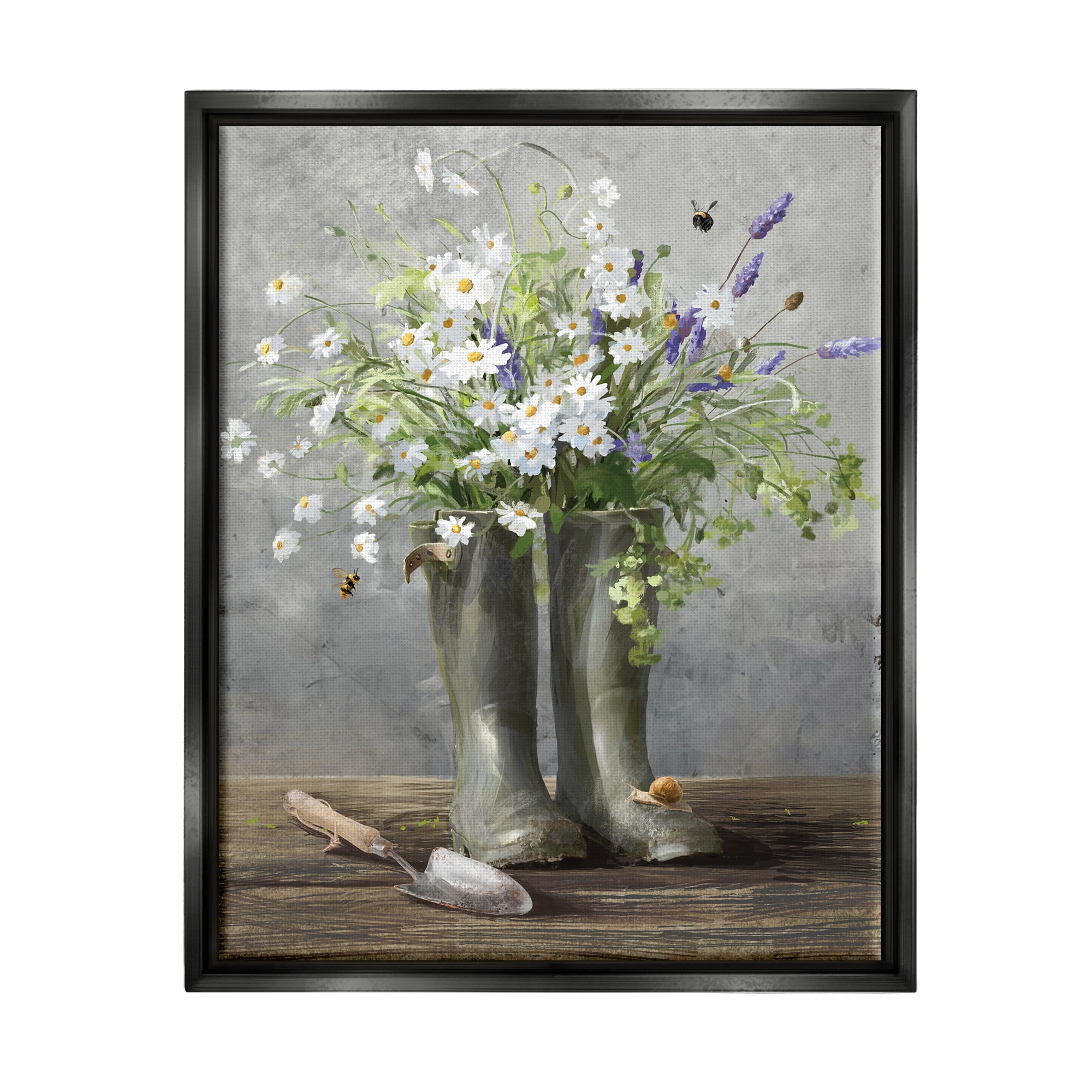 Stupell Industries Gardening Boots Bouquet Botanical & Floral Painting Black Floater Framed Art Print Wall Art, 25 x 31