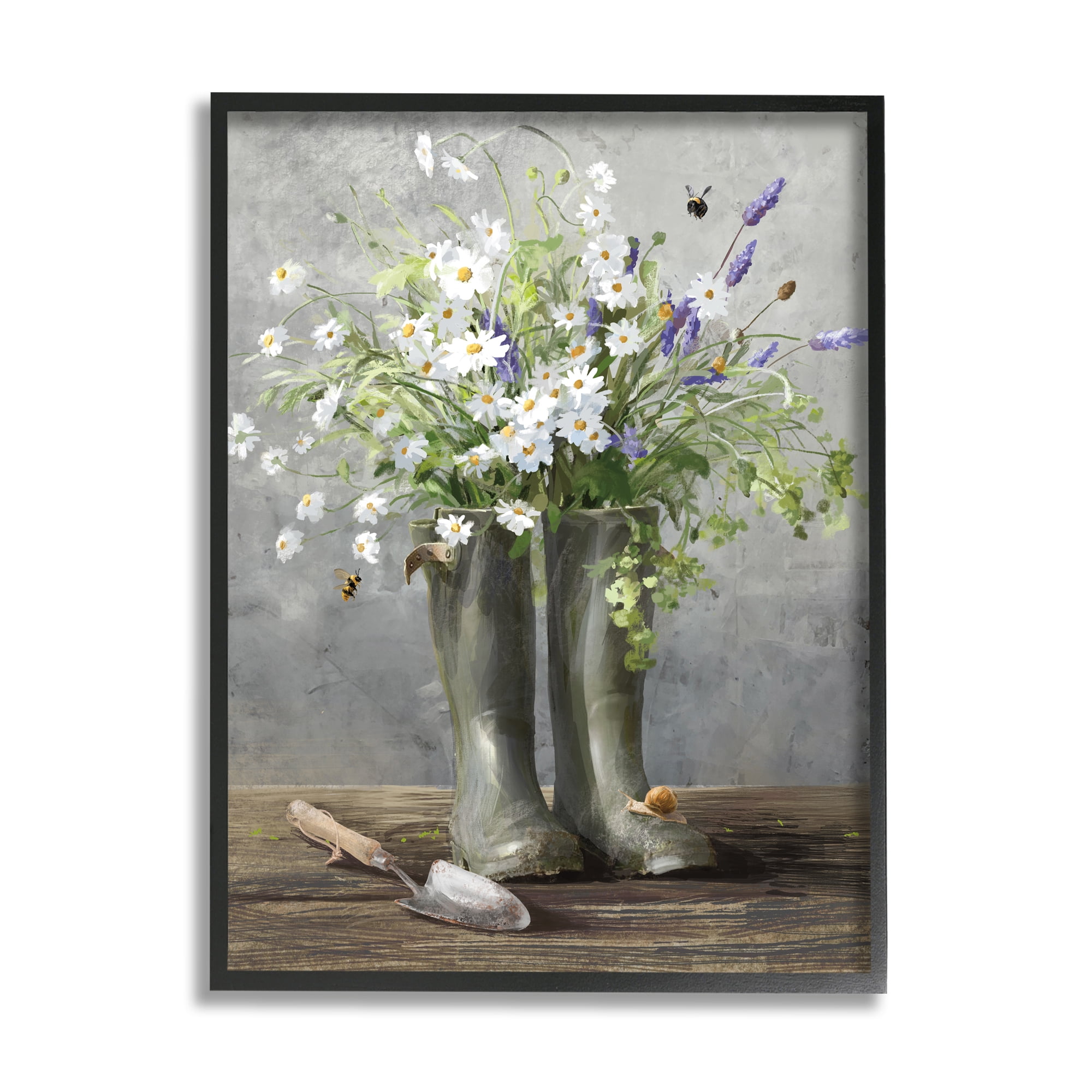 Stupell Industries Gardening Boots Bouquet Botanical & Floral Painting Black Framed Art Print Wall Art, 11 x 14