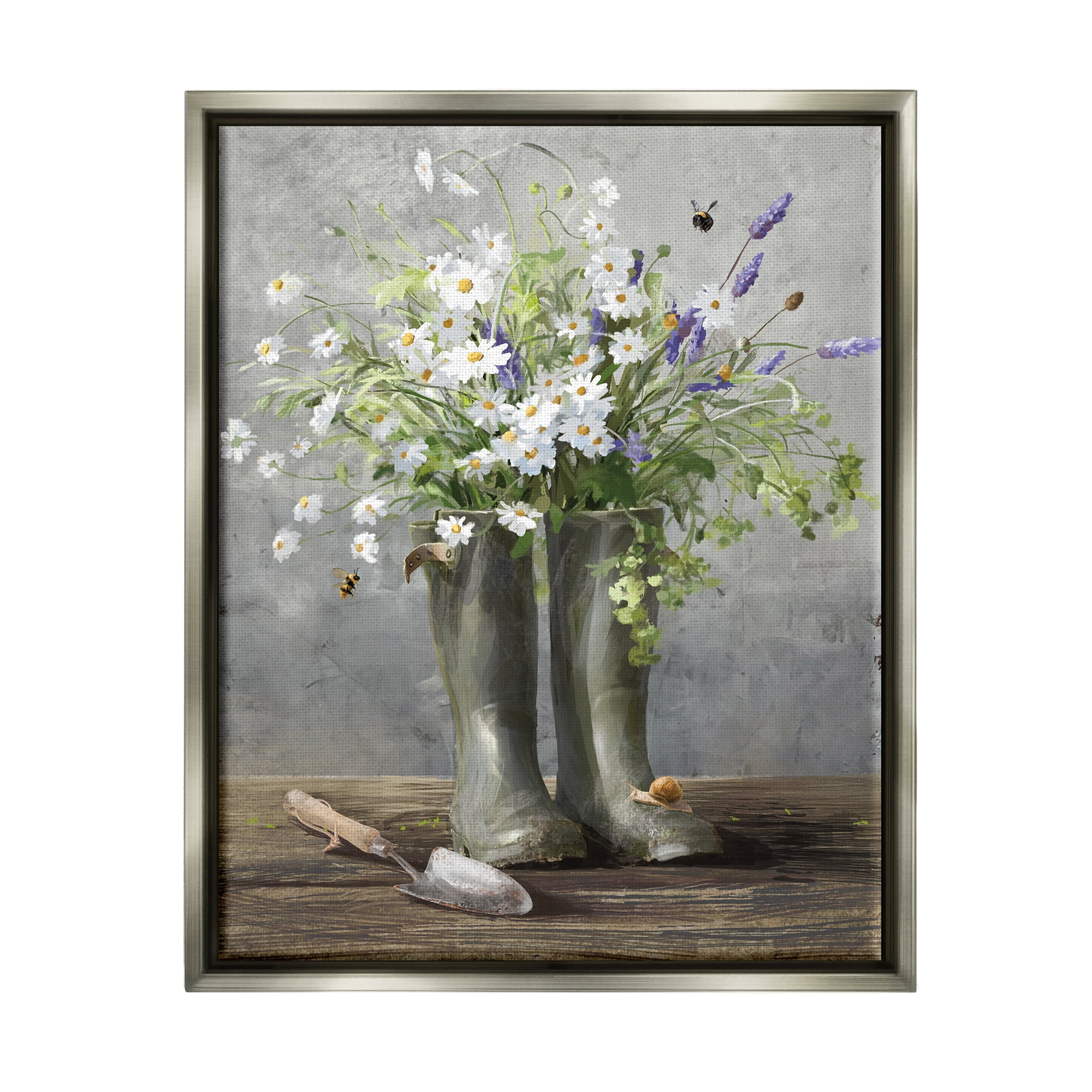 Stupell Industries Gardening Boots Bouquet Botanical & Floral Painting Gray Floater Framed Art Print Wall Art, 25 x 31