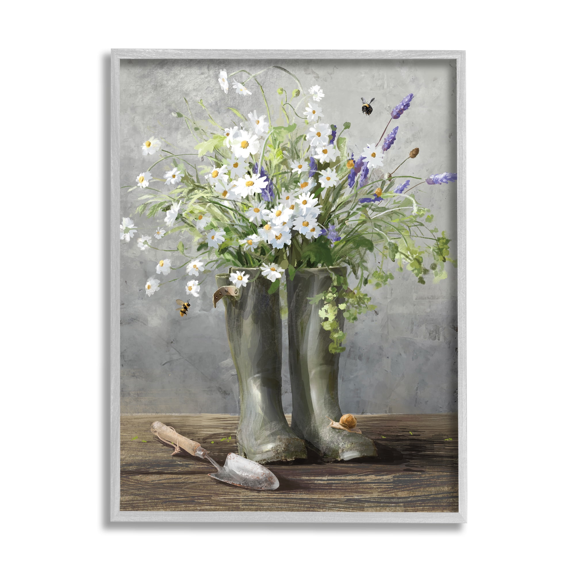 Stupell Industries Gardening Boots Bouquet Botanical & Floral Painting Gray Framed Art Print Wall Art, 24 x 30