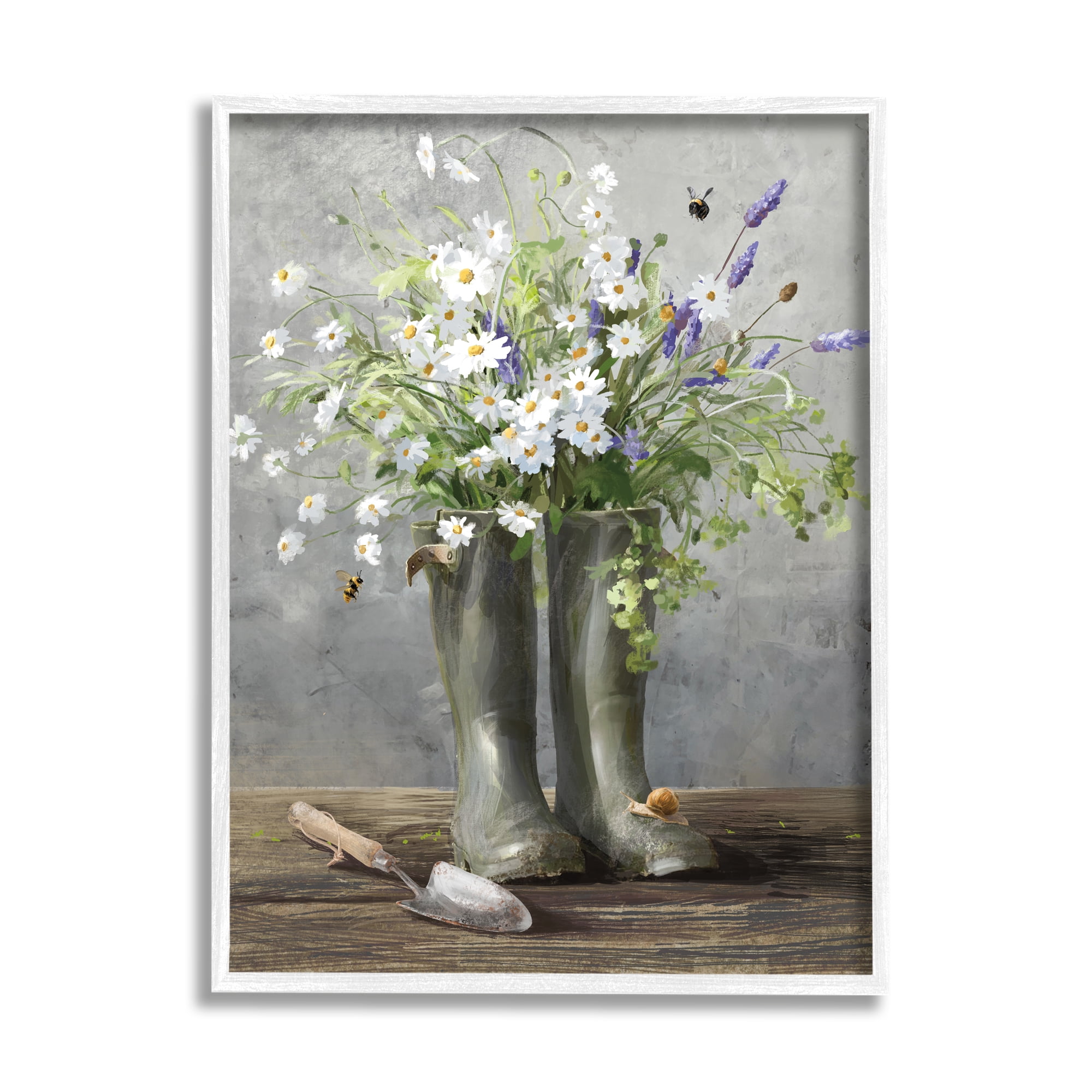 Stupell Industries Gardening Boots Bouquet Botanical & Floral Painting White Framed Art Print Wall Art, 16 x 20