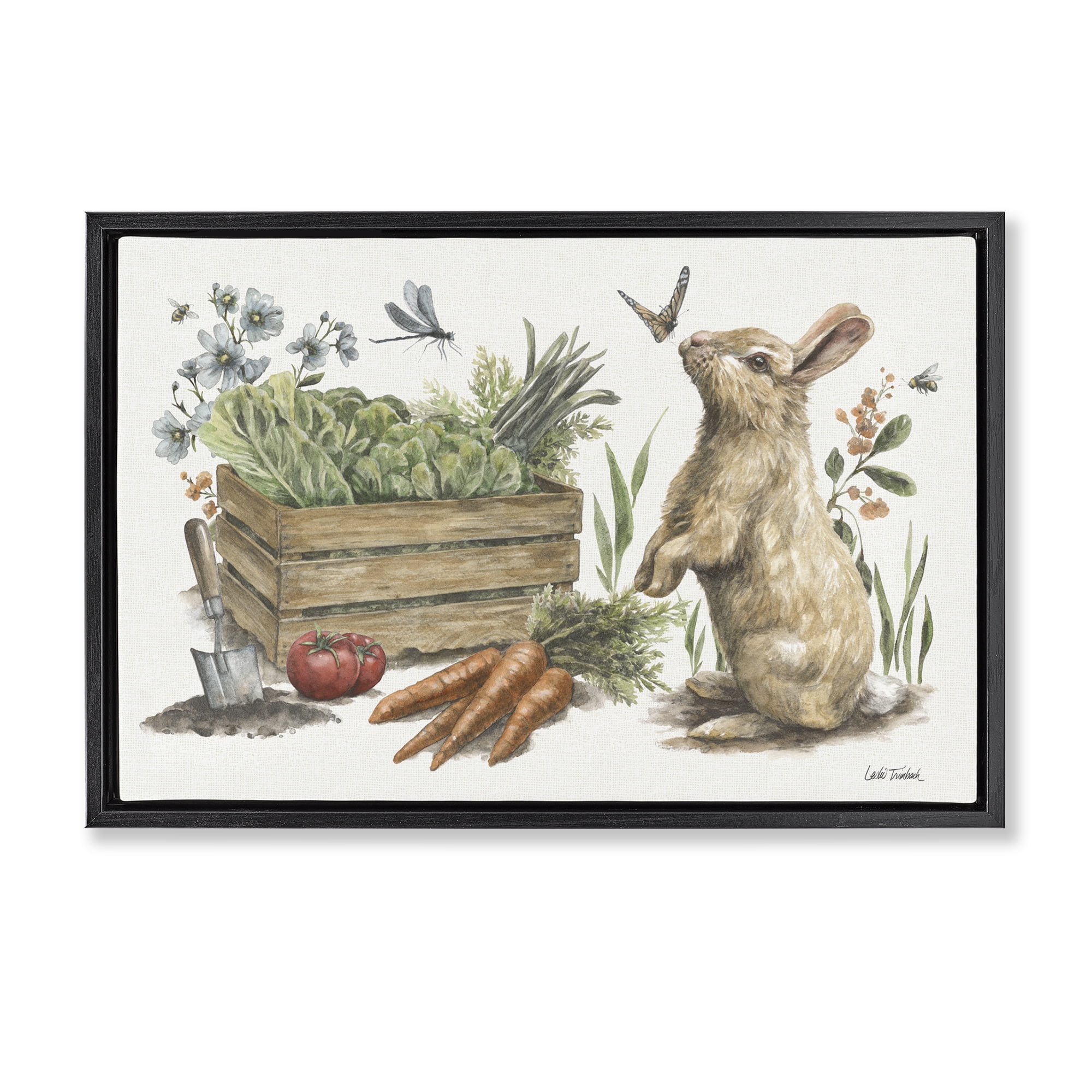 Stupell Industries Gardening Bunny Scene Botanical & Floral Painting Black Floater Framed Canvas Art Print Wall Art, 25 x 17