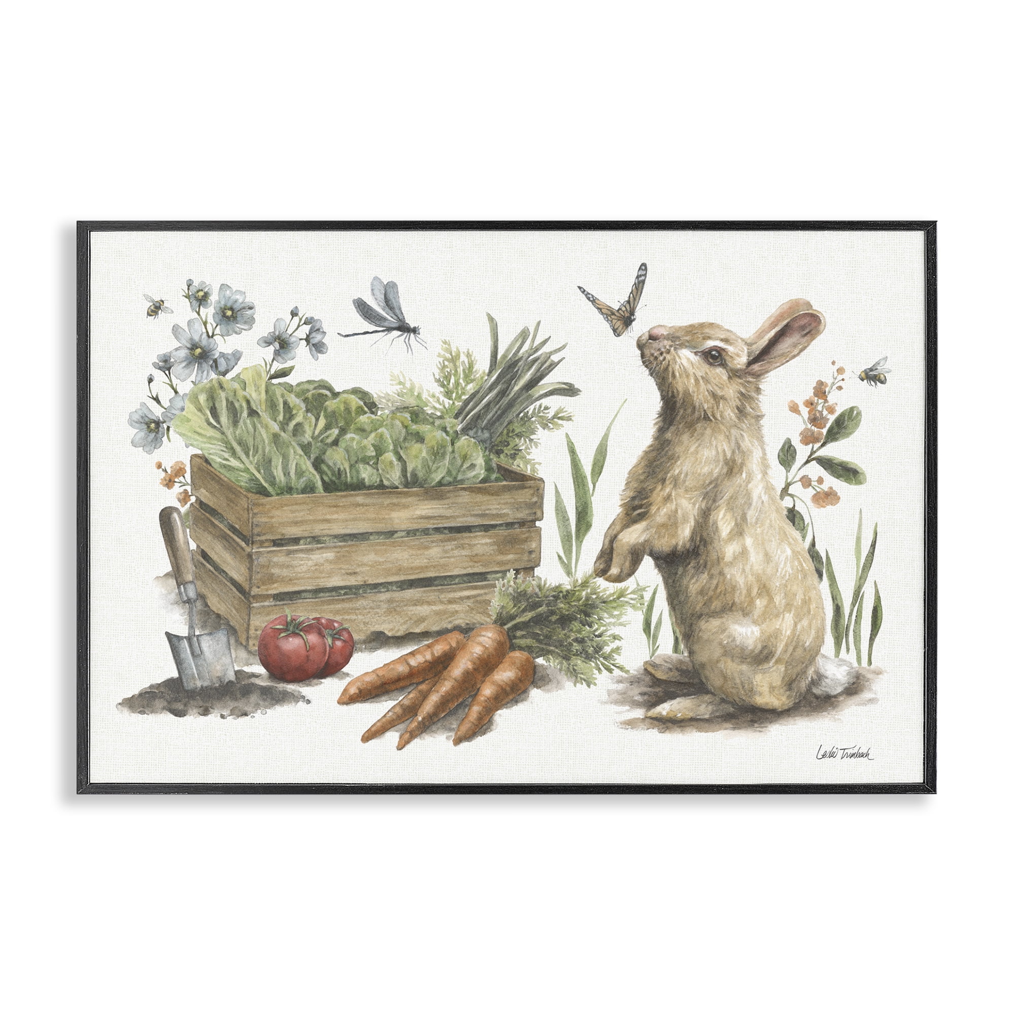 Stupell Industries Gardening Bunny Scene Botanical & Floral Painting Black Framed Art Print Wall Art, 18 x 12