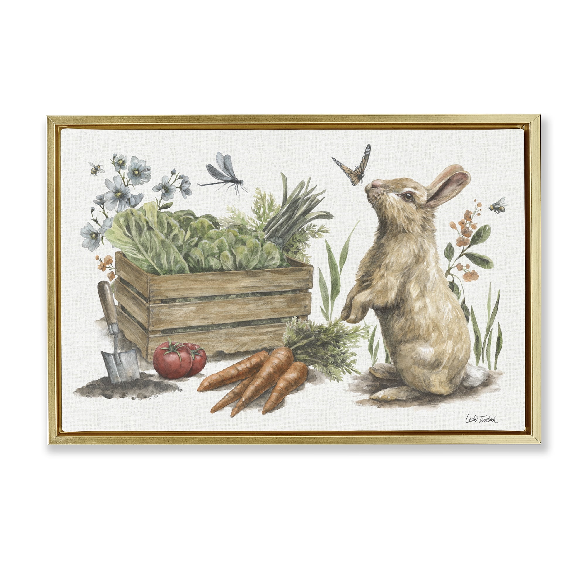 Stupell Industries Gardening Bunny Scene Botanical & Floral Painting Gold Floater Framed Canvas Art Print Wall Art, 31 x 21