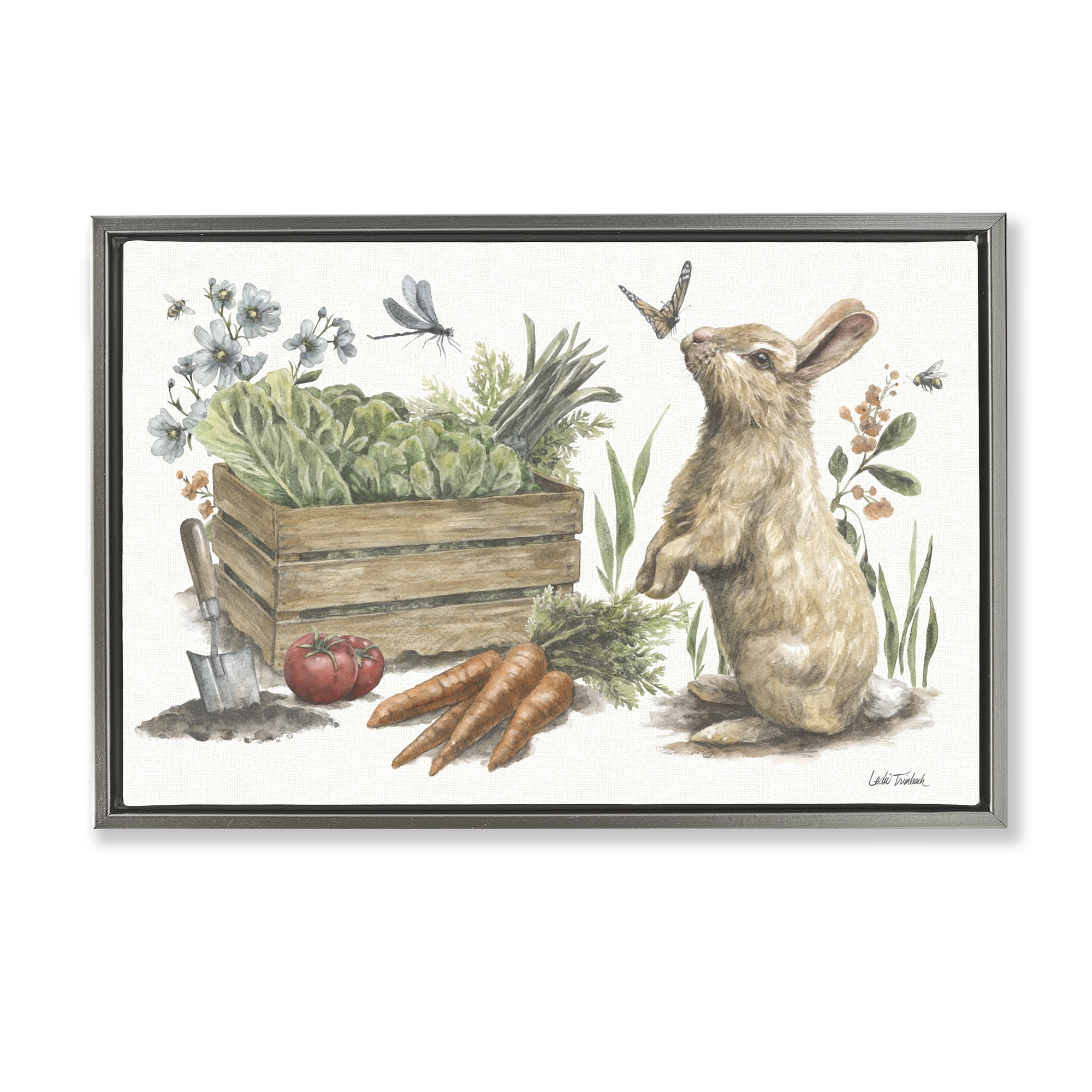 Stupell Industries Gardening Bunny Scene Botanical & Floral Painting Gray Floater Framed Canvas Art Print Wall Art, 31 x 21