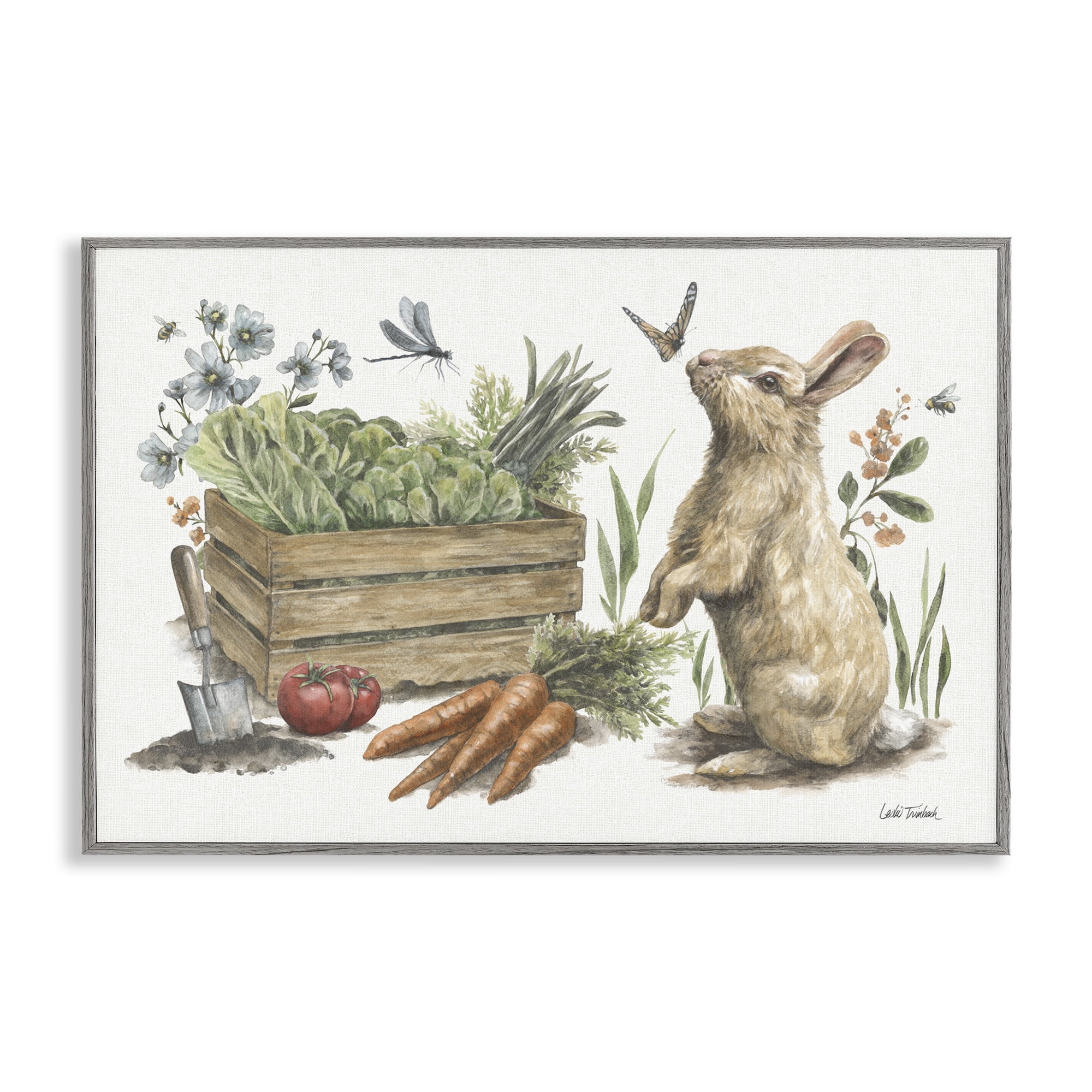 Stupell Industries Gardening Bunny Scene Botanical & Floral Painting Gray Framed Art Print Wall Art, 24 x 16