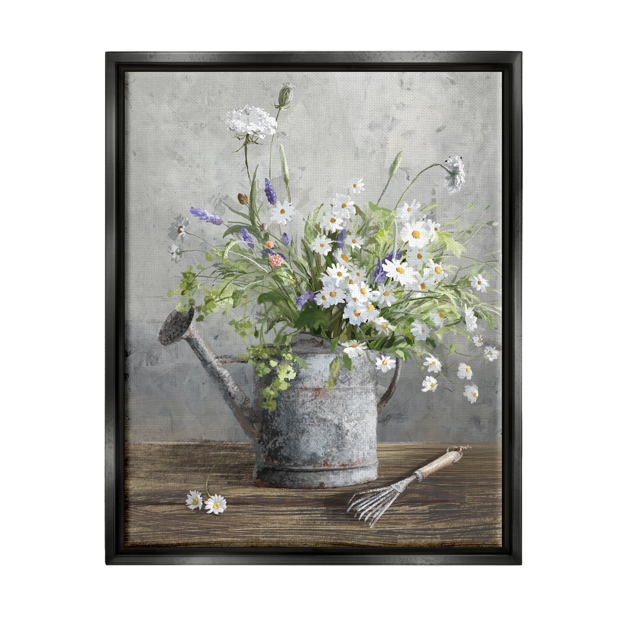 Stupell Industries Gardening Can Daisy Bouquet Botanical & Floral Painting Black Floater Framed Art Print Wall Art, 25 x 31