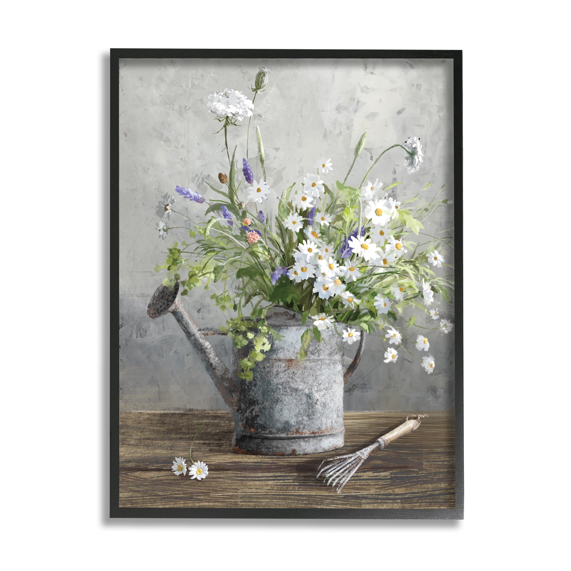 Stupell Industries Gardening Can Daisy Bouquet Botanical & Floral Painting Black Framed Art Print Wall Art, 24 x 30