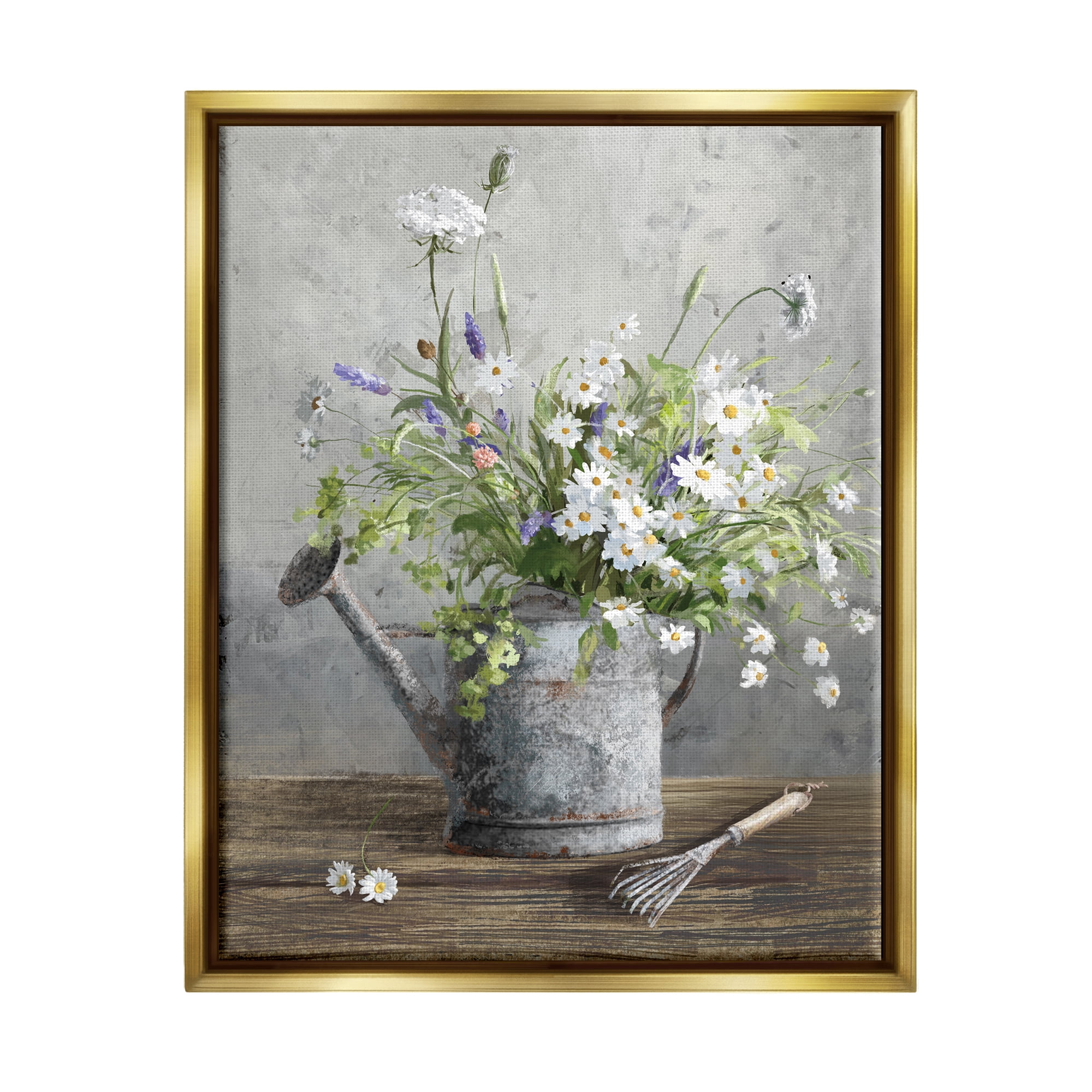 Stupell Industries Gardening Can Daisy Bouquet Botanical & Floral Painting Gold Floater Framed Art Print Wall Art, 17 x 21