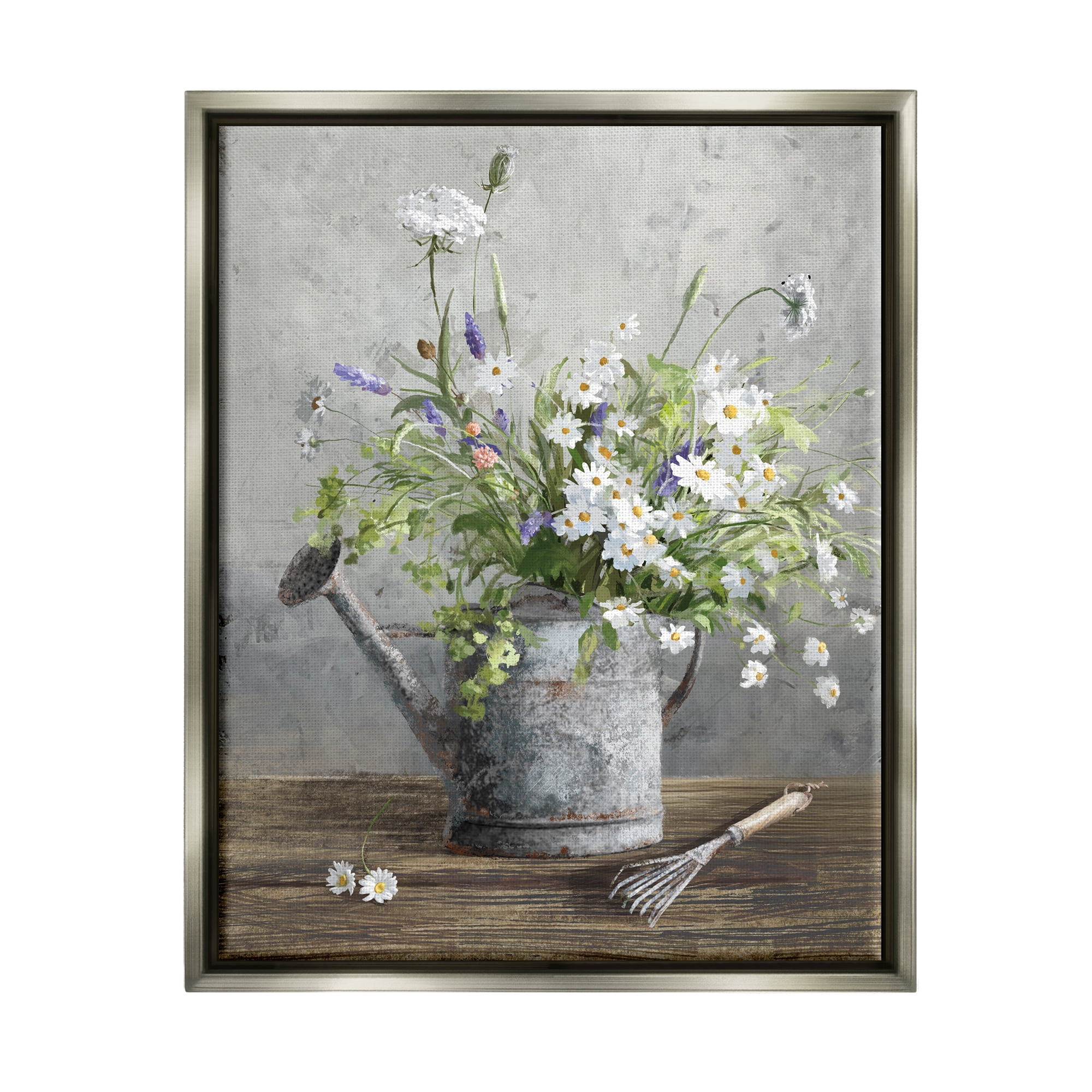 Stupell Industries Gardening Can Daisy Bouquet Botanical & Floral Painting Gray Floater Framed Art Print Wall Art, 17 x 21