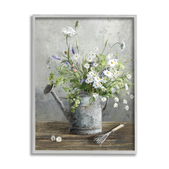 Stupell Industries Gardening Can Daisy Bouquet Botanical & Floral Painting Gray Framed Art Print Wall Art, 11 x 14