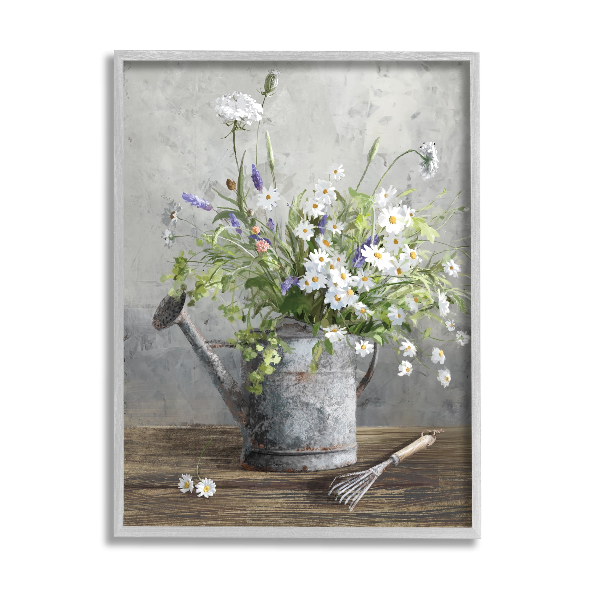 Stupell Industries Gardening Can Daisy Bouquet Botanical & Floral Painting Gray Framed Art Print Wall Art, 24 x 30