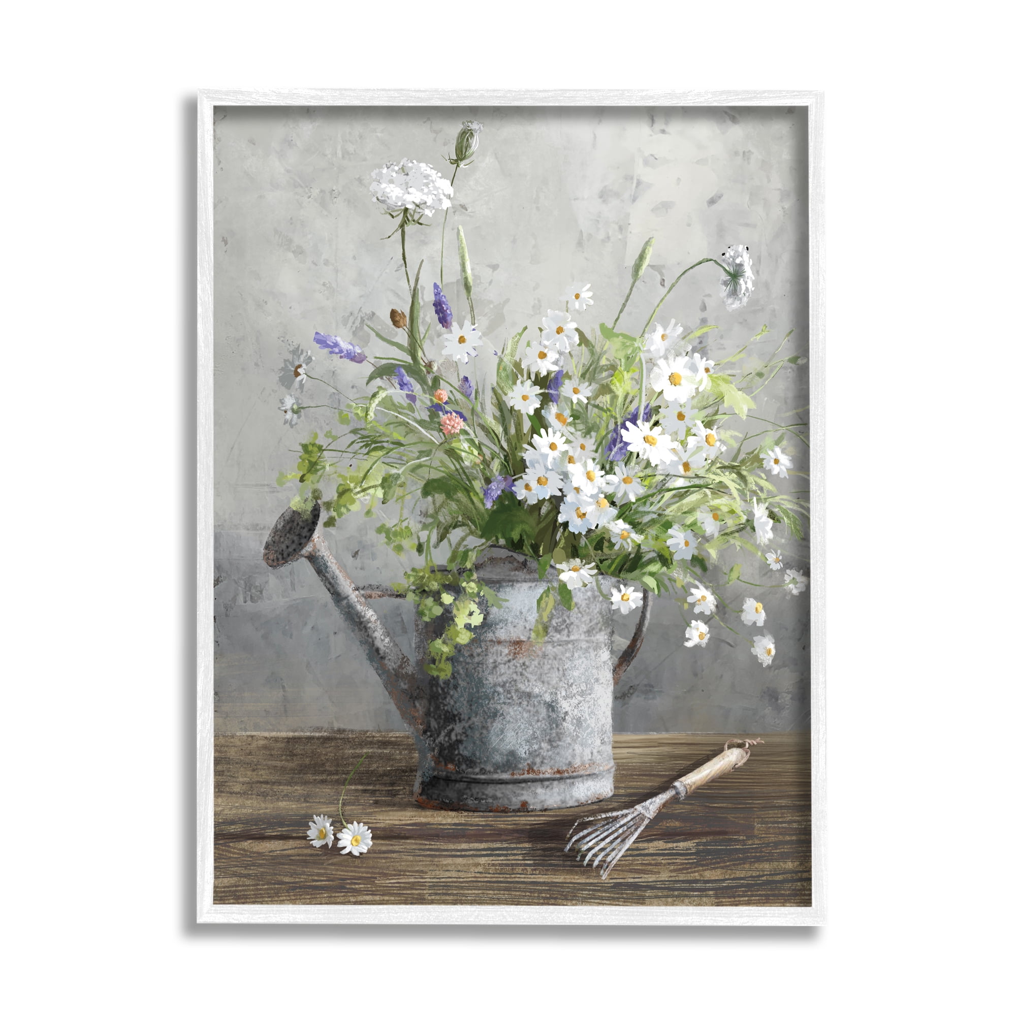 Stupell Industries Gardening Can Daisy Bouquet Botanical & Floral Painting White Framed Art Print Wall Art, 11 x 14