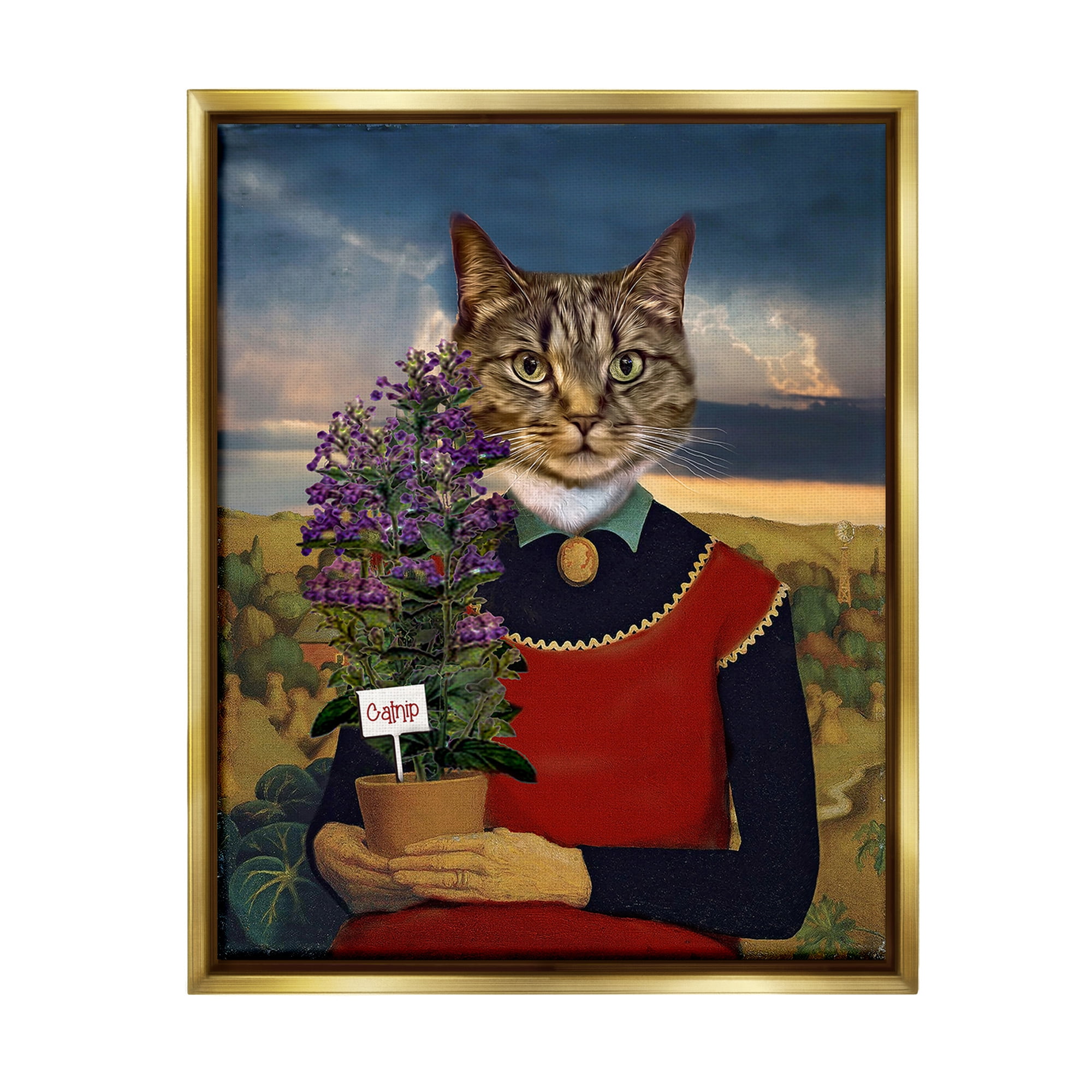 Stupell Industries Gardening Cat with Catnip Animals & Insects Painting Gold Floater Framed Canvas Art Print Wall Art, 25 x 31