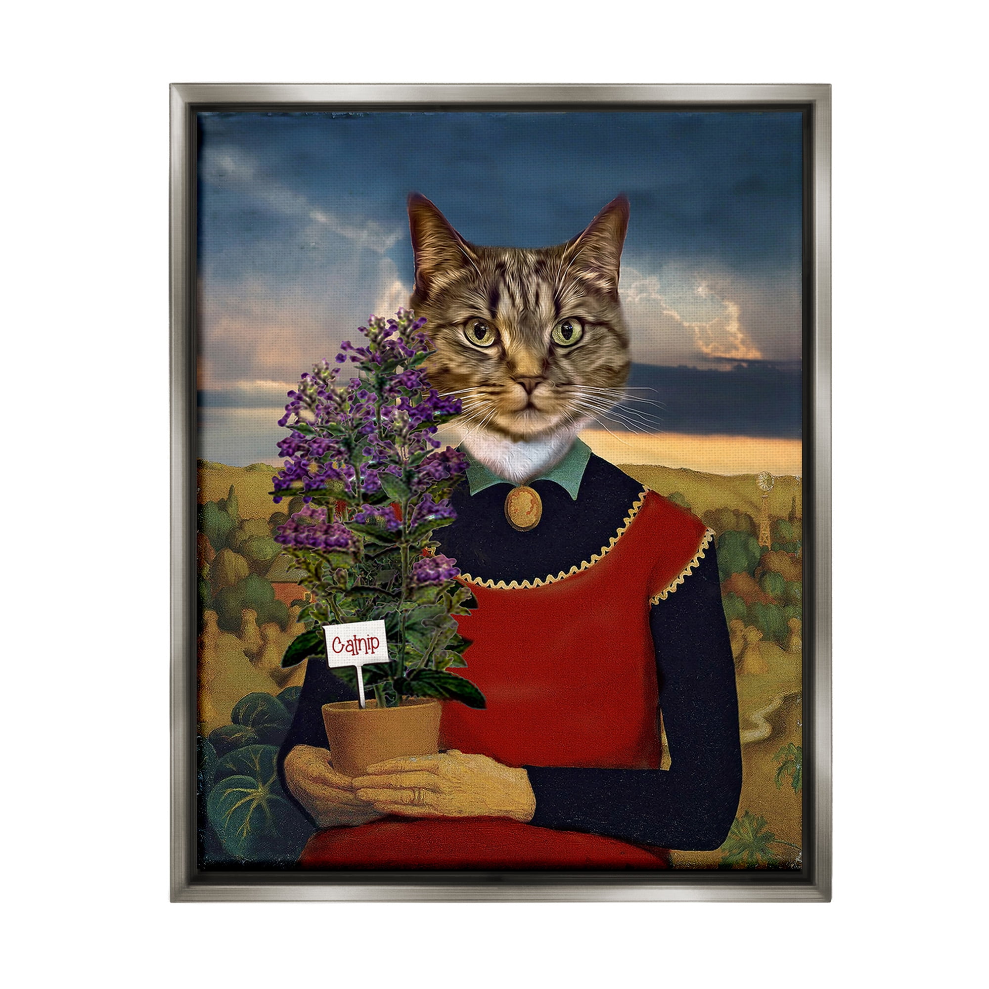 Stupell Industries Gardening Cat with Catnip Animals & Insects Painting Gray Floater Framed Canvas Art Print Wall Art, 17 x 21