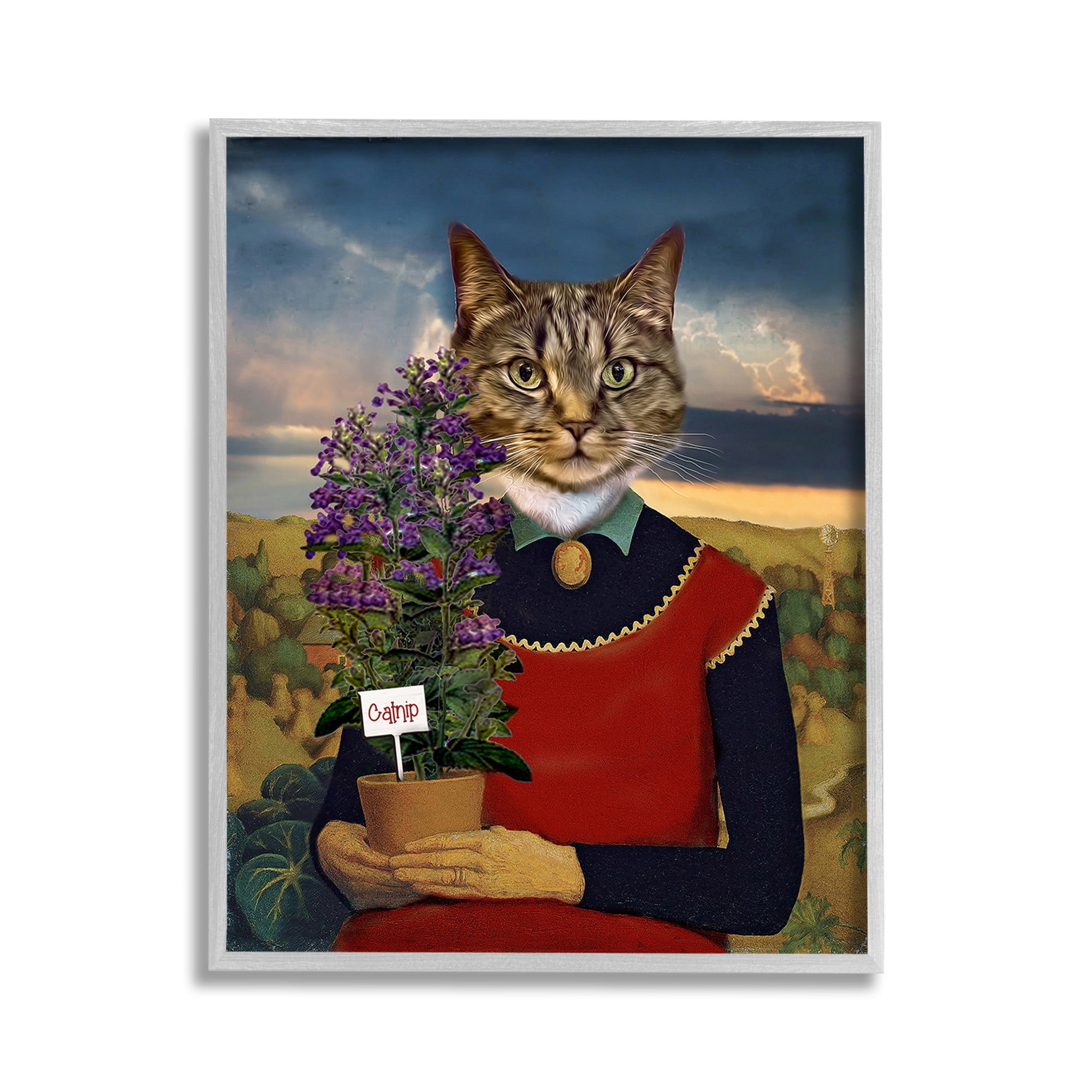 Stupell Industries Gardening Cat with Catnip Animals & Insects Painting Gray Framed Art Print Wall Art, 11 x 14
