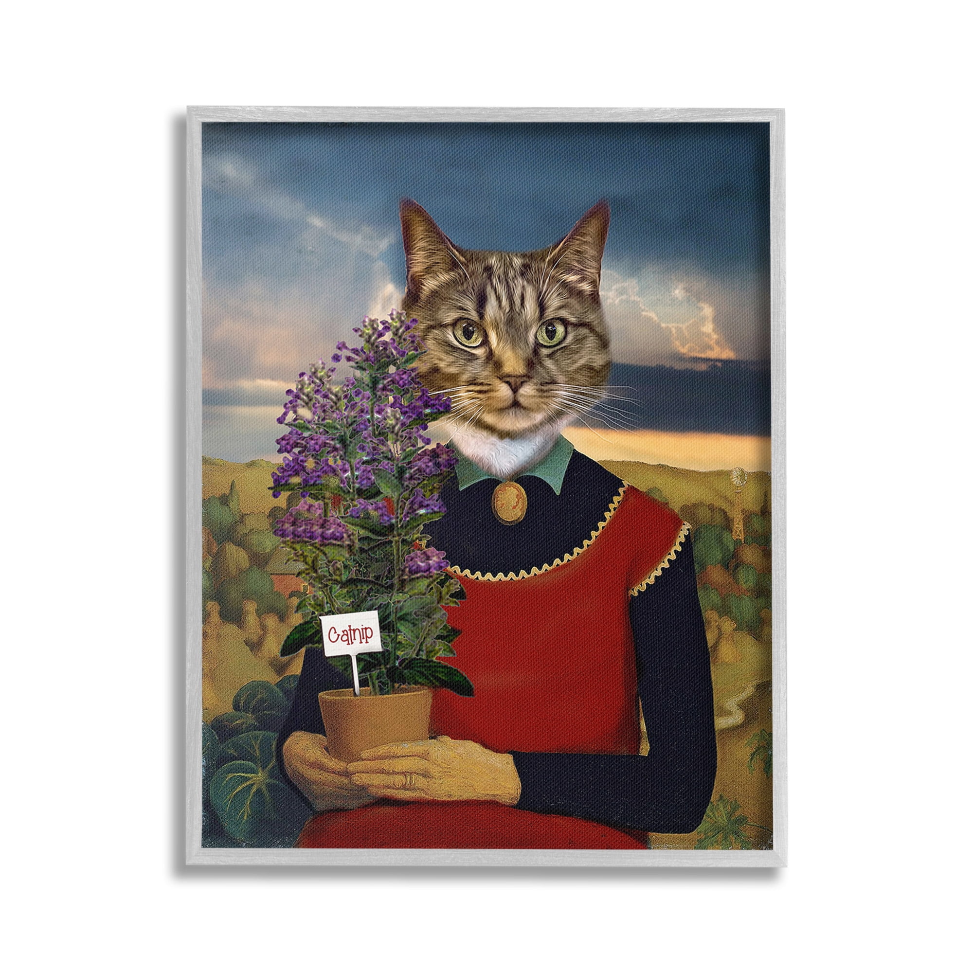 Stupell Industries Gardening Cat with Catnip Animals & Insects Painting Gray Framed Art Print Wall Art, 24 x 30