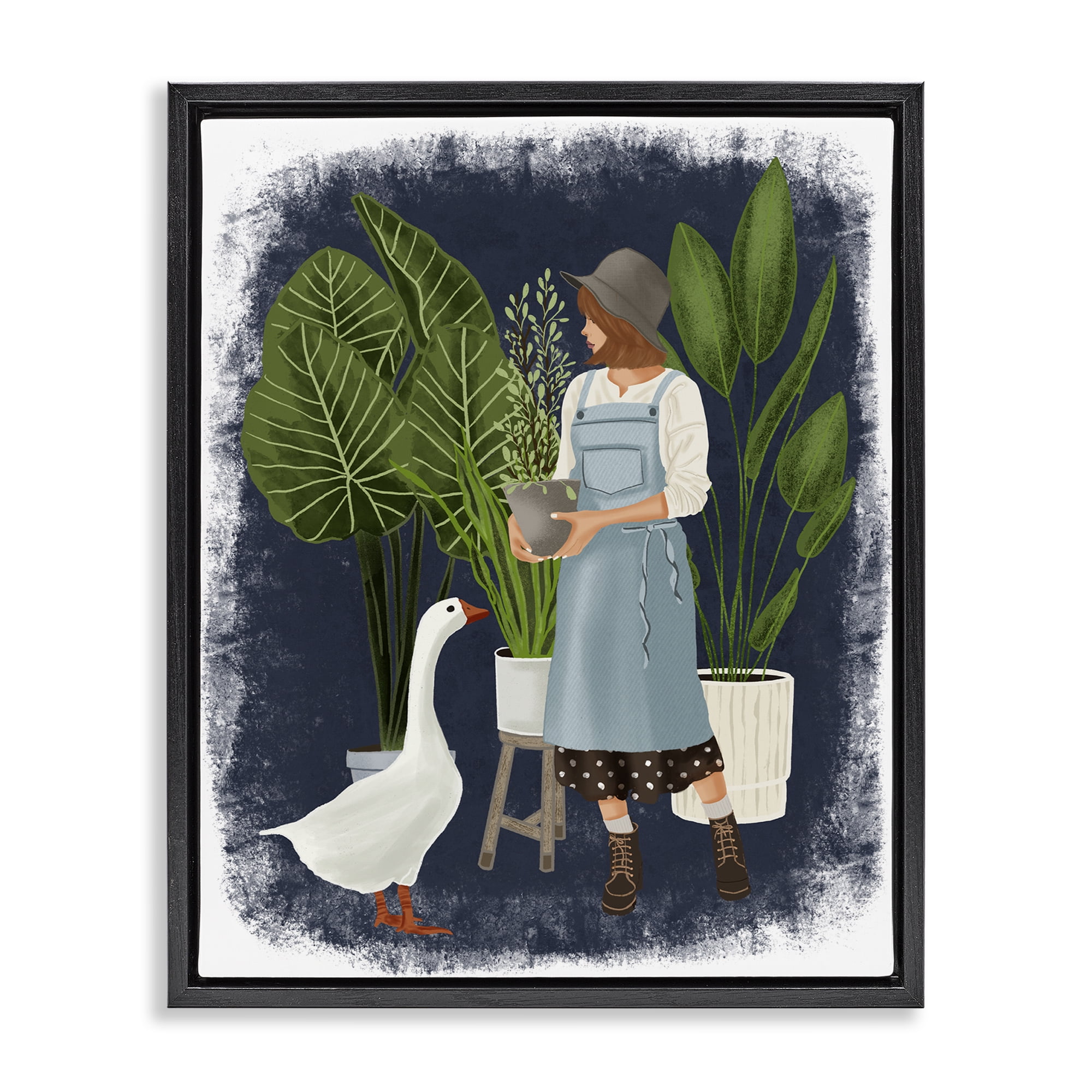 Stupell Industries Gardner Girl with Goose People Painting Black Floater Framed Canvas Art Print Wall Art, 17 x 21