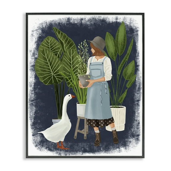 Stupell Industries Gardner Girl with Goose People Painting Black Framed Art Print Wall Art, 11 x 14