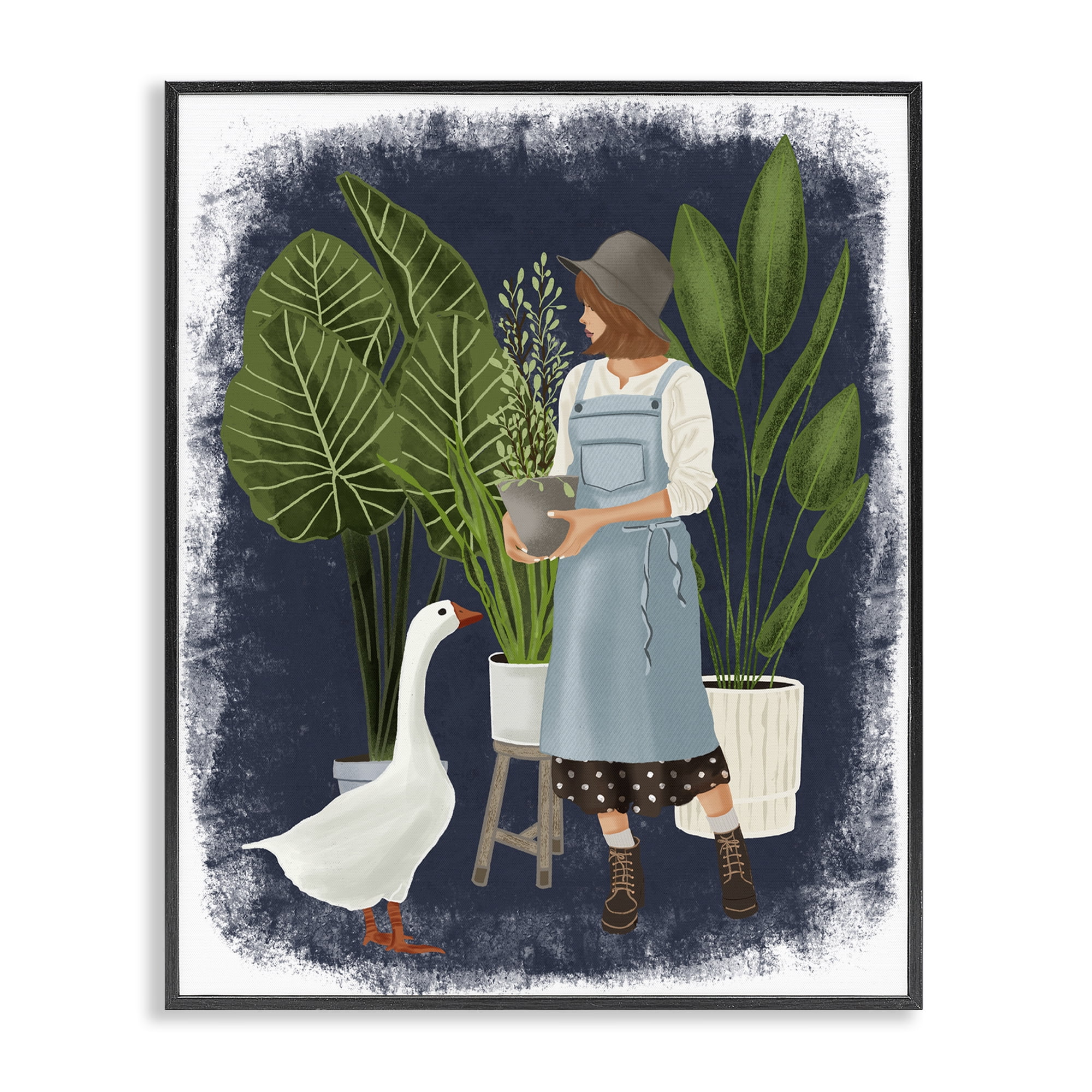 Stupell Industries Gardner Girl with Goose People Painting Black Framed Art Print Wall Art, 16 x 20