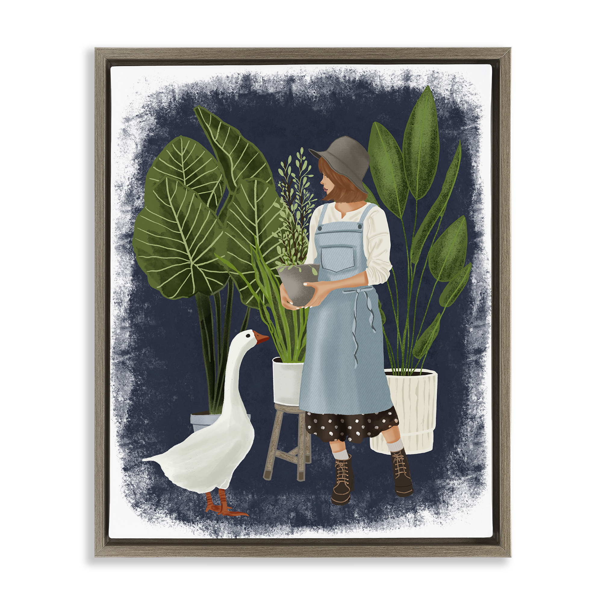 Stupell Industries Gardner Girl with Goose People Painting Brown Floater Framed Canvas Art Print Wall Art, 25 x 31