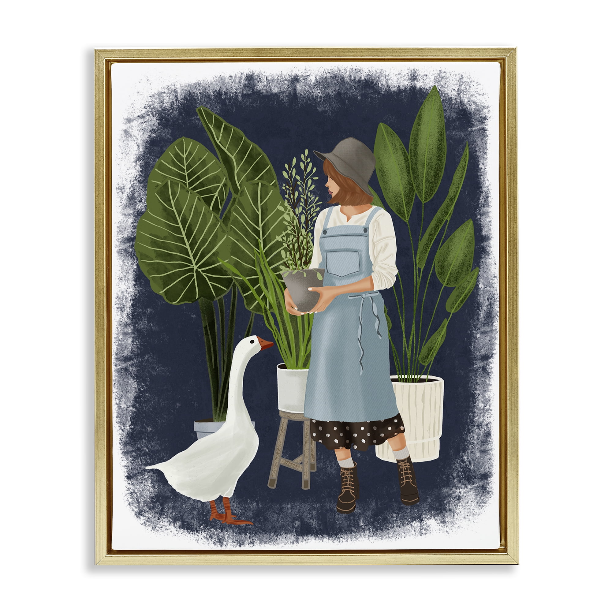 Stupell Industries Gardner Girl with Goose People Painting Gold Floater Framed Canvas Art Print Wall Art, 17 x 21