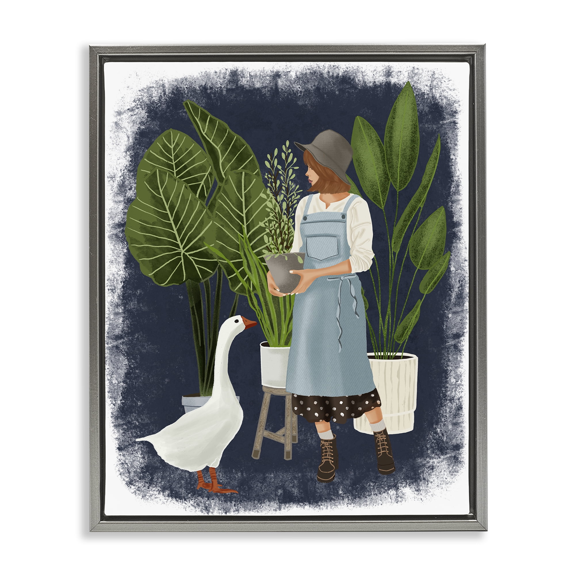 Stupell Industries Gardner Girl with Goose People Painting Gray Floater Framed Canvas Art Print Wall Art, 25 x 31