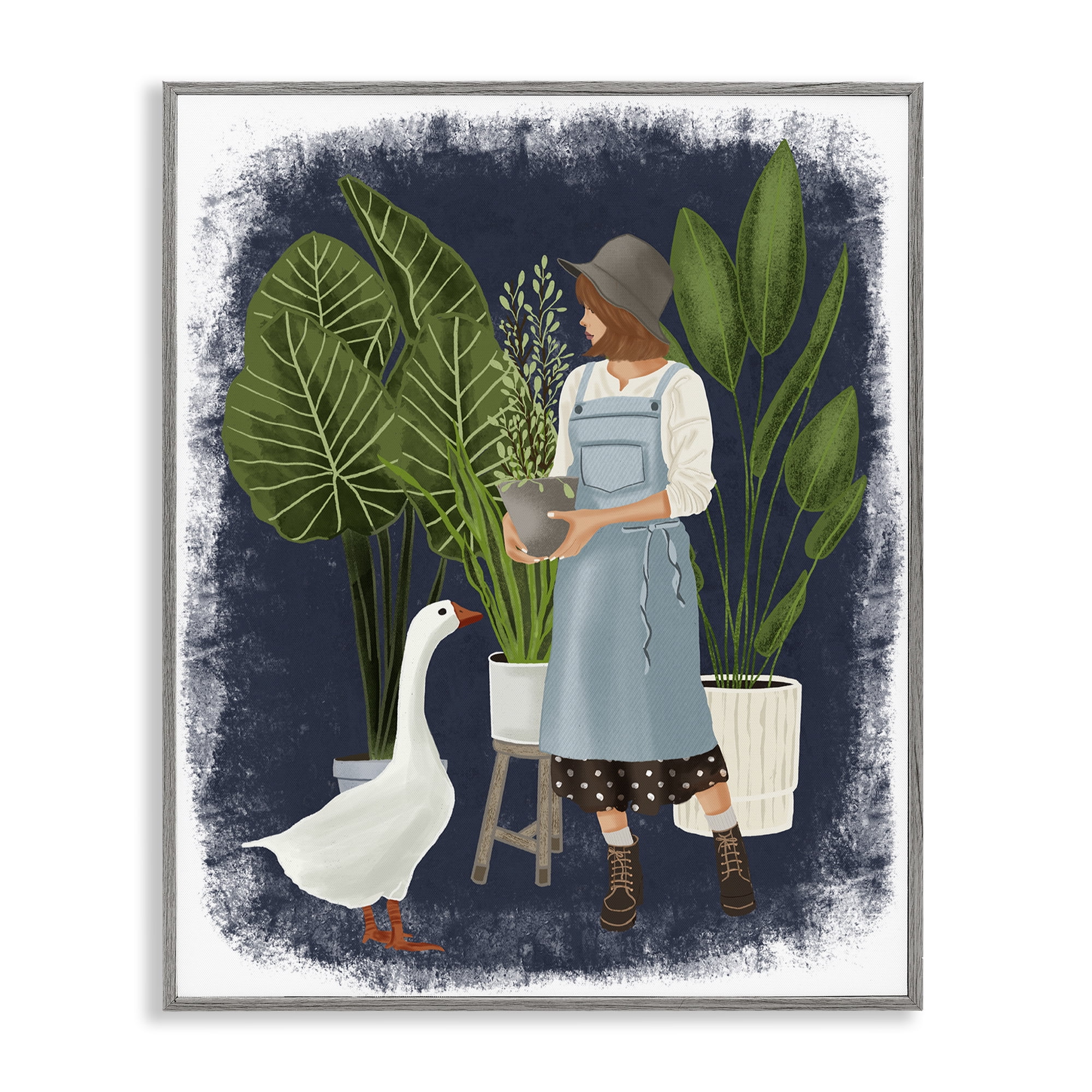 Stupell Industries Gardner Girl with Goose People Painting Gray Framed Art Print Wall Art, 24 x 30