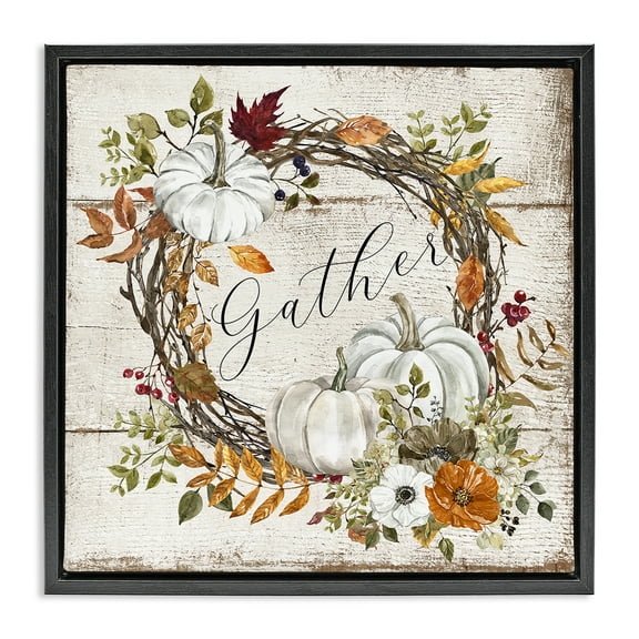 Stupell Industries Gather Autumnal Wreath Holiday Painting Black Floater Framed Canvas Art Prints Wall Art, 18 x 18