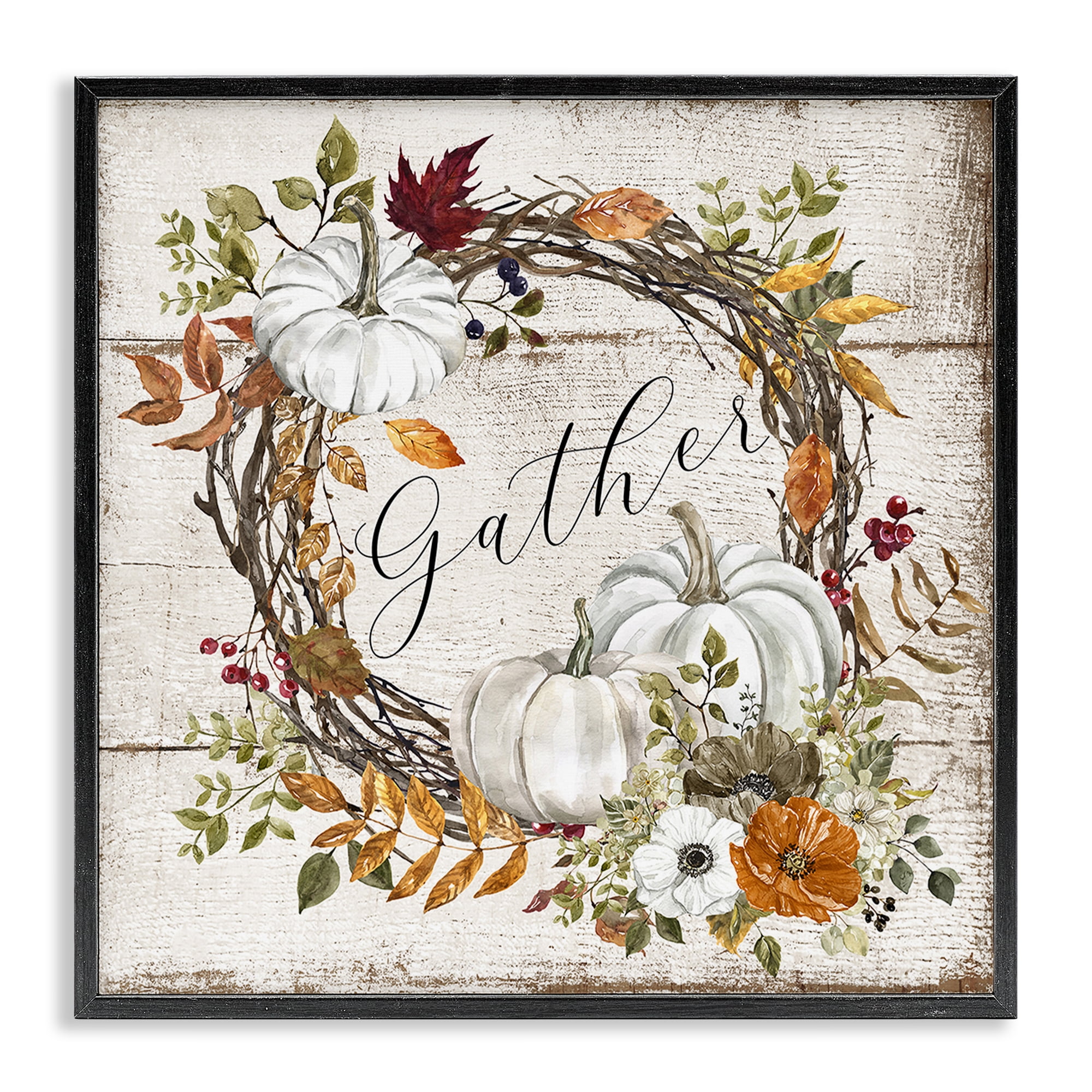 Stupell Industries Gather Autumnal Wreath Holiday Painting Black Framed Art Prints Wall Art, 12 x 12