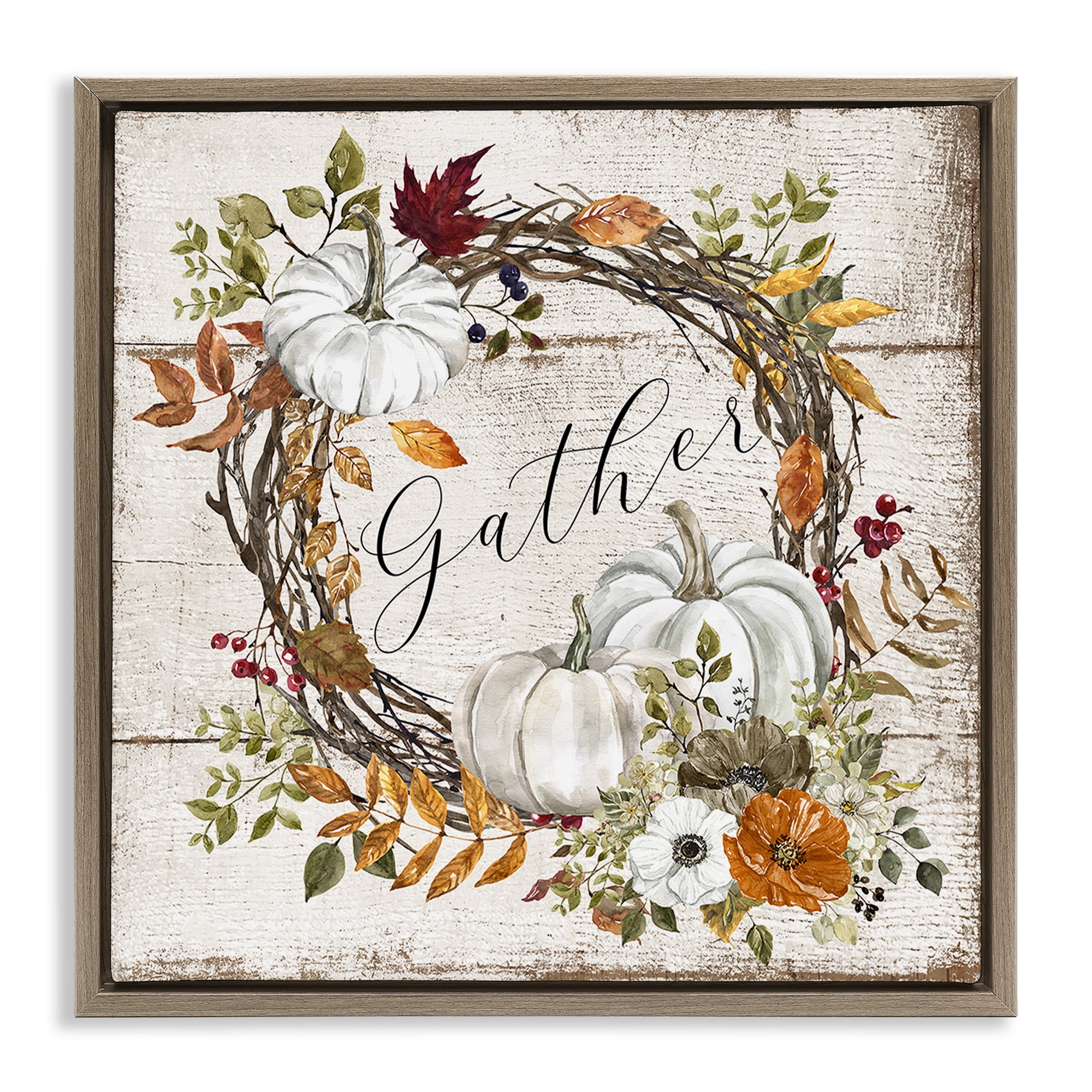Stupell Industries Gather Autumnal Wreath Holiday Painting Brown Floater Framed Canvas Art Prints Wall Art, 18 x 18