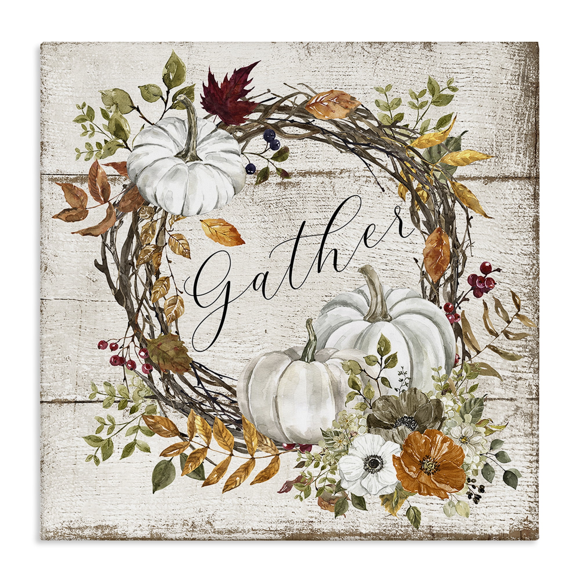 Stupell Industries Gather Autumnal Wreath Holiday Painting Gallery Wrapped Canvas Art Prints Wall Art, 24 x 24